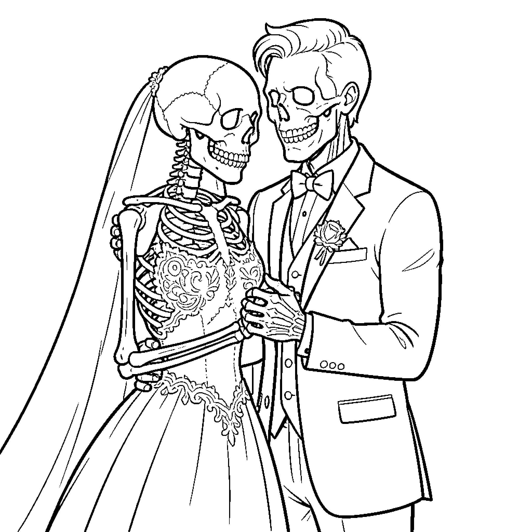 Skeleton Bride and Groom in Formal Wedding Attire Coloring Page (free black-and-white line drawing printable PDF for all, from beginners to advanced learners, including children, teens, adults, and seniors)