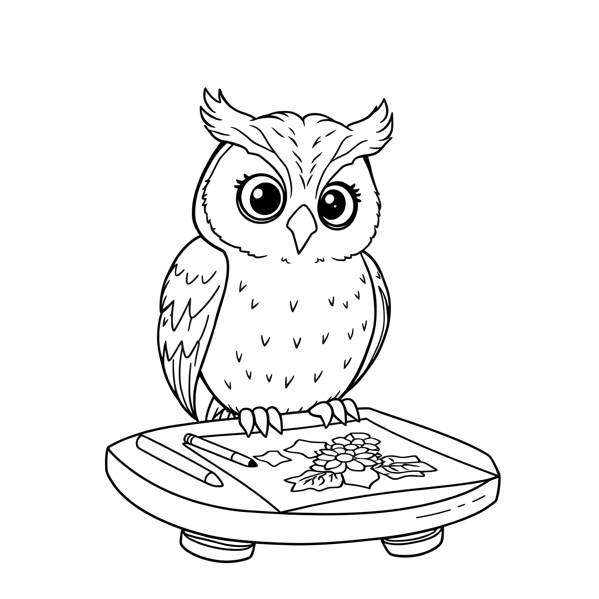 Owl sitting on a drawing tablet Coloring Page (free black-and-white line drawing printable PDF for all, from beginners to advanced learners, including children, teens, adults, and seniors)
