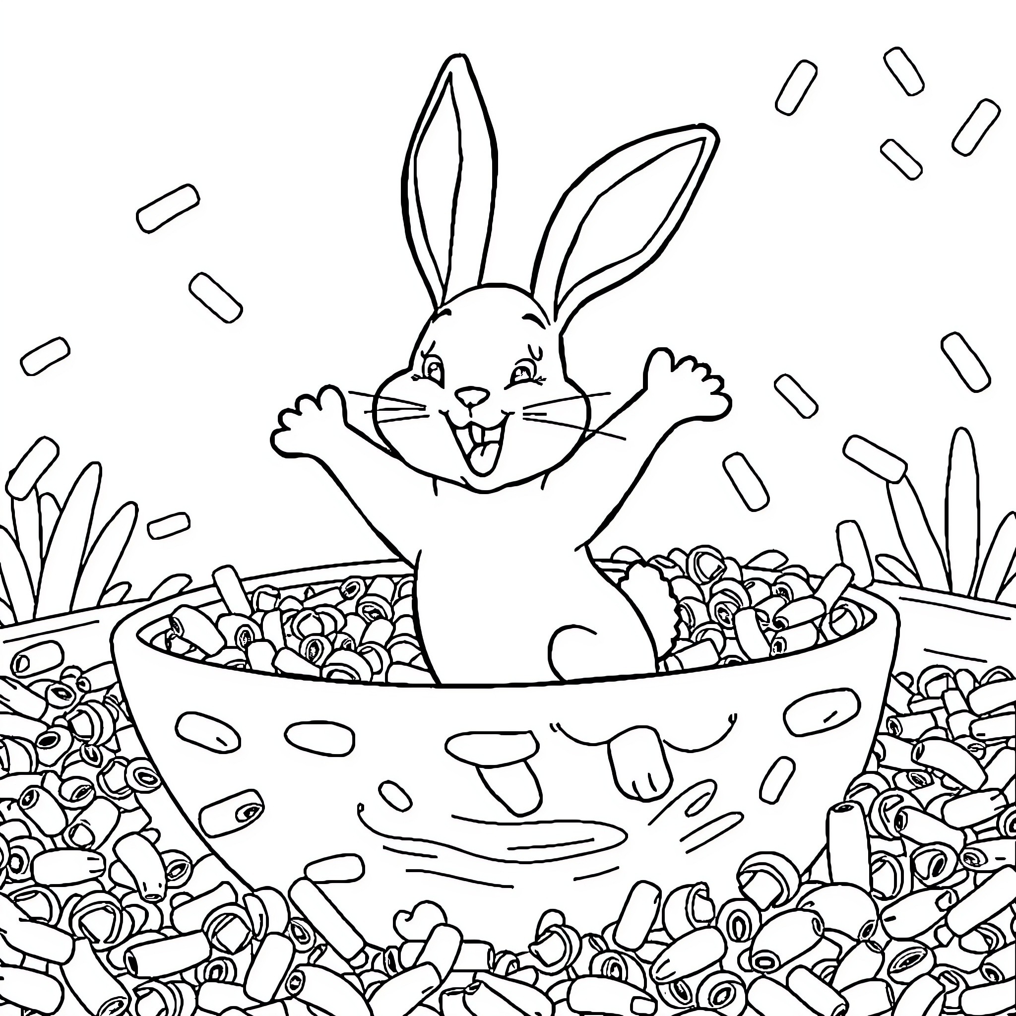 Bunny enjoying a basket of treats Coloring Page (free black-and-white line drawing printable PDF for all, from beginners to advanced learners, including children, teens, adults, and seniors)