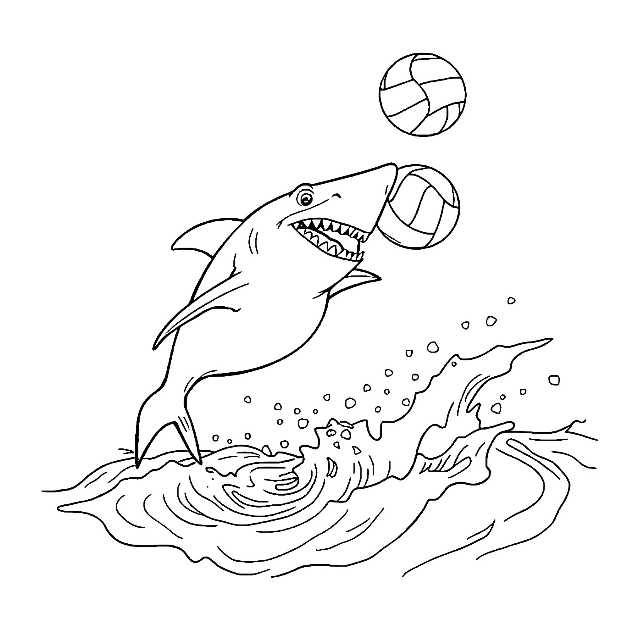 Shark playing with volleyball in the waves Coloring Page (free black-and-white line drawing printable PDF for all, from beginners to advanced learners, including children, teens, adults, and seniors)