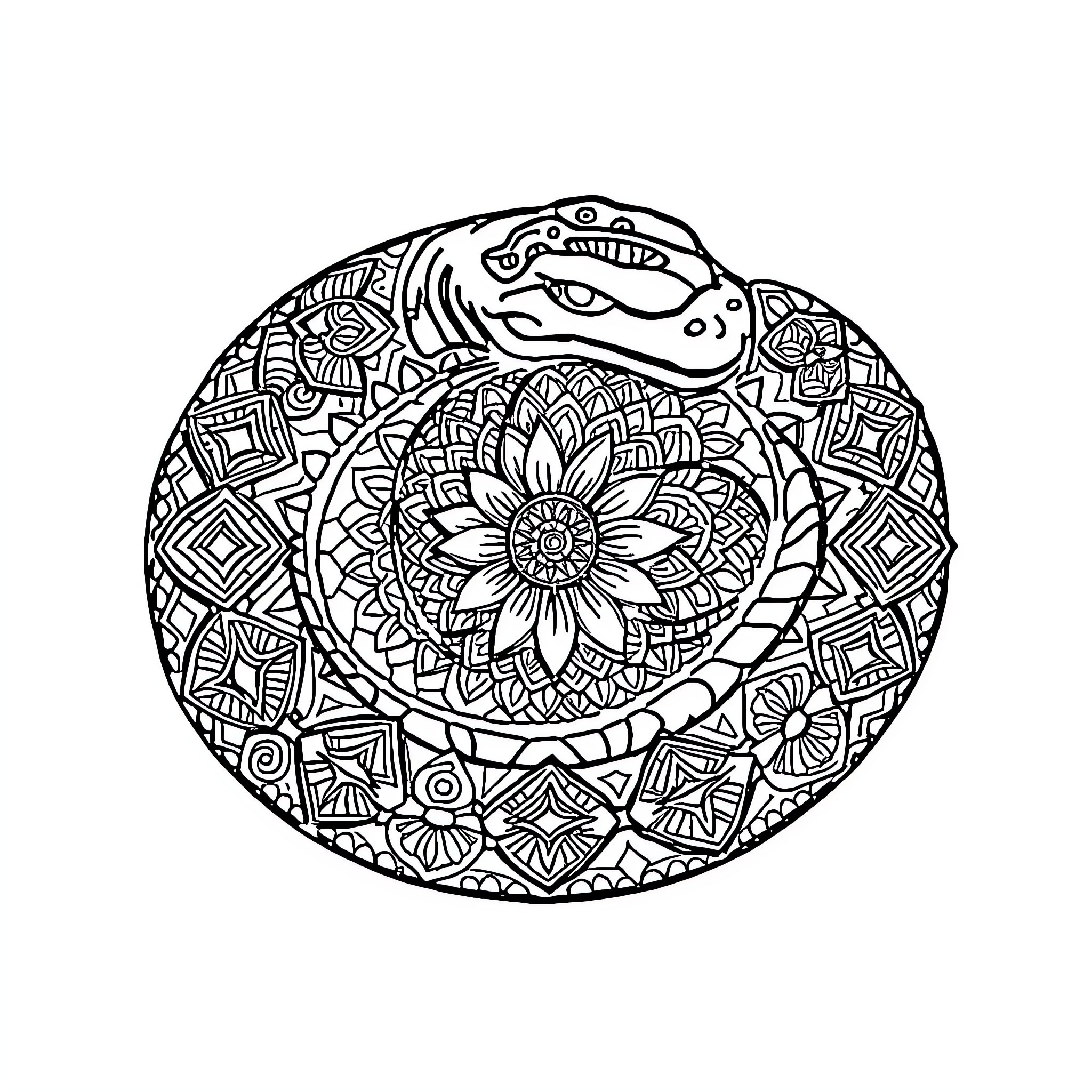 Snake coiled in intricate floral pattern Coloring Page (free black-and-white line drawing printable PDF for all, from beginners to advanced learners, including children, teens, adults, and seniors)