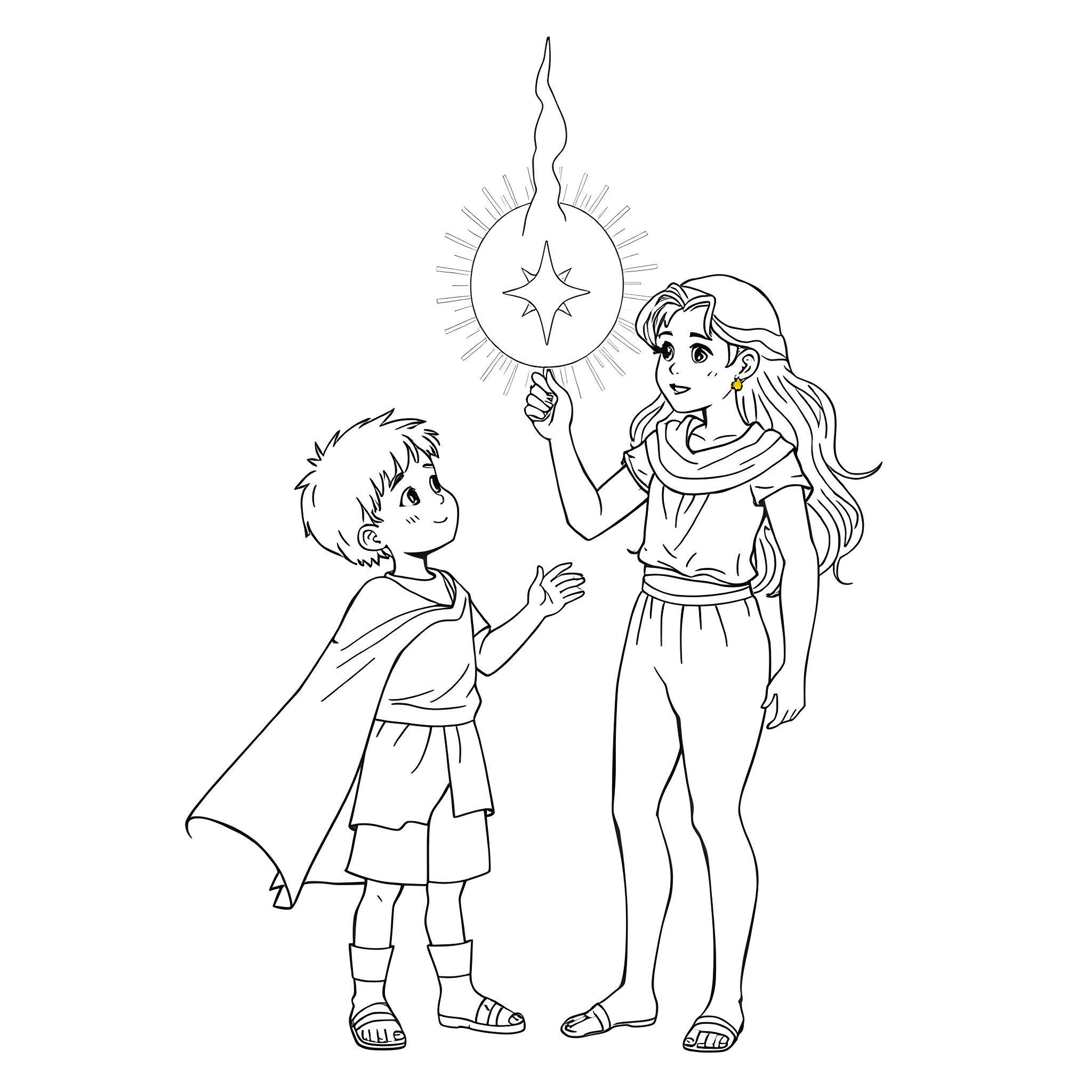 Boy and Girl Exploring Celestial Wonder Coloring Page (free black-and-white line drawing printable PDF for all, from beginners to advanced learners, including children, teens, adults, and seniors)