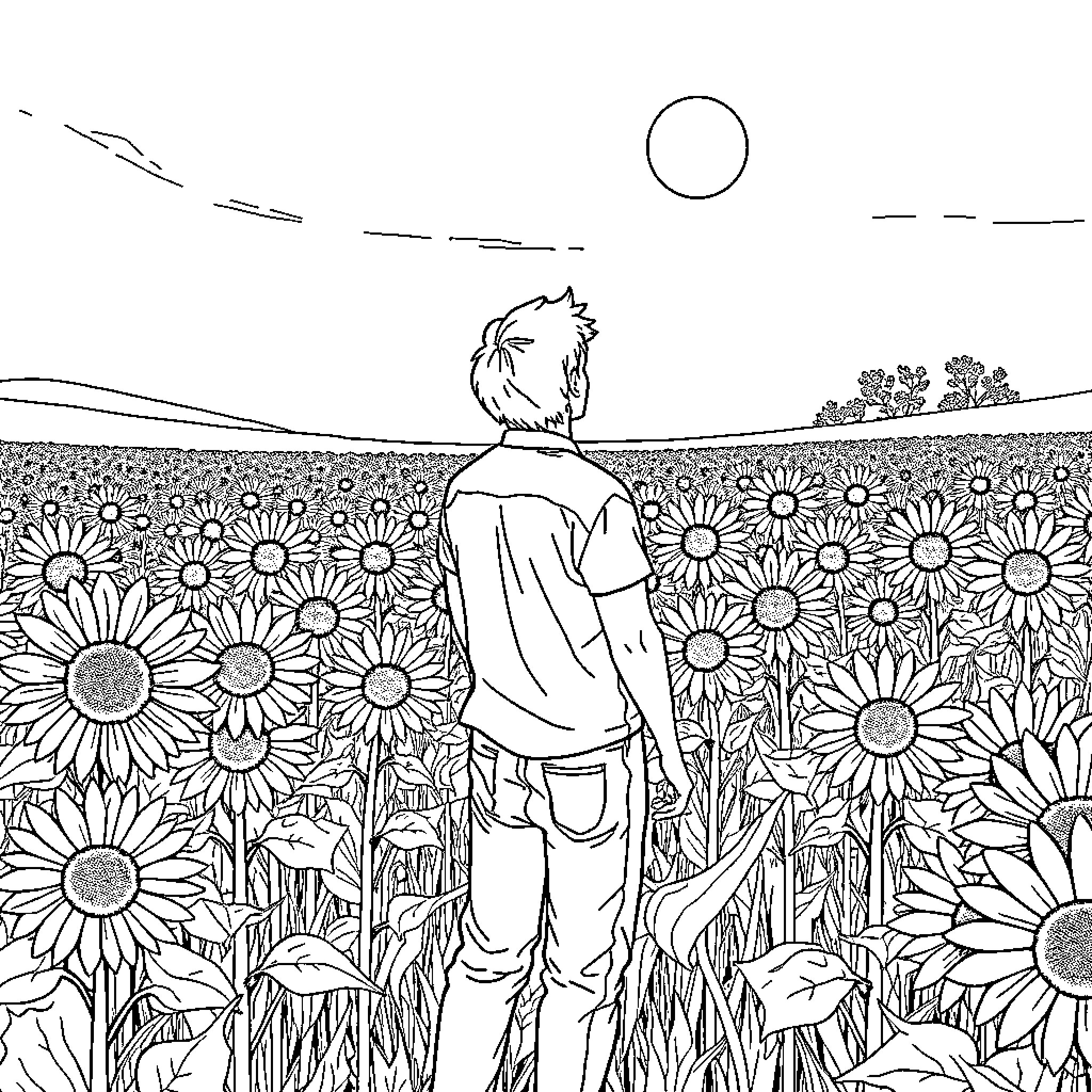 Sunflower field with a person walking admiring the view Coloring Page (free black-and-white line drawing printable PDF for all, from beginners to advanced learners, including children, teens, adults, and seniors)