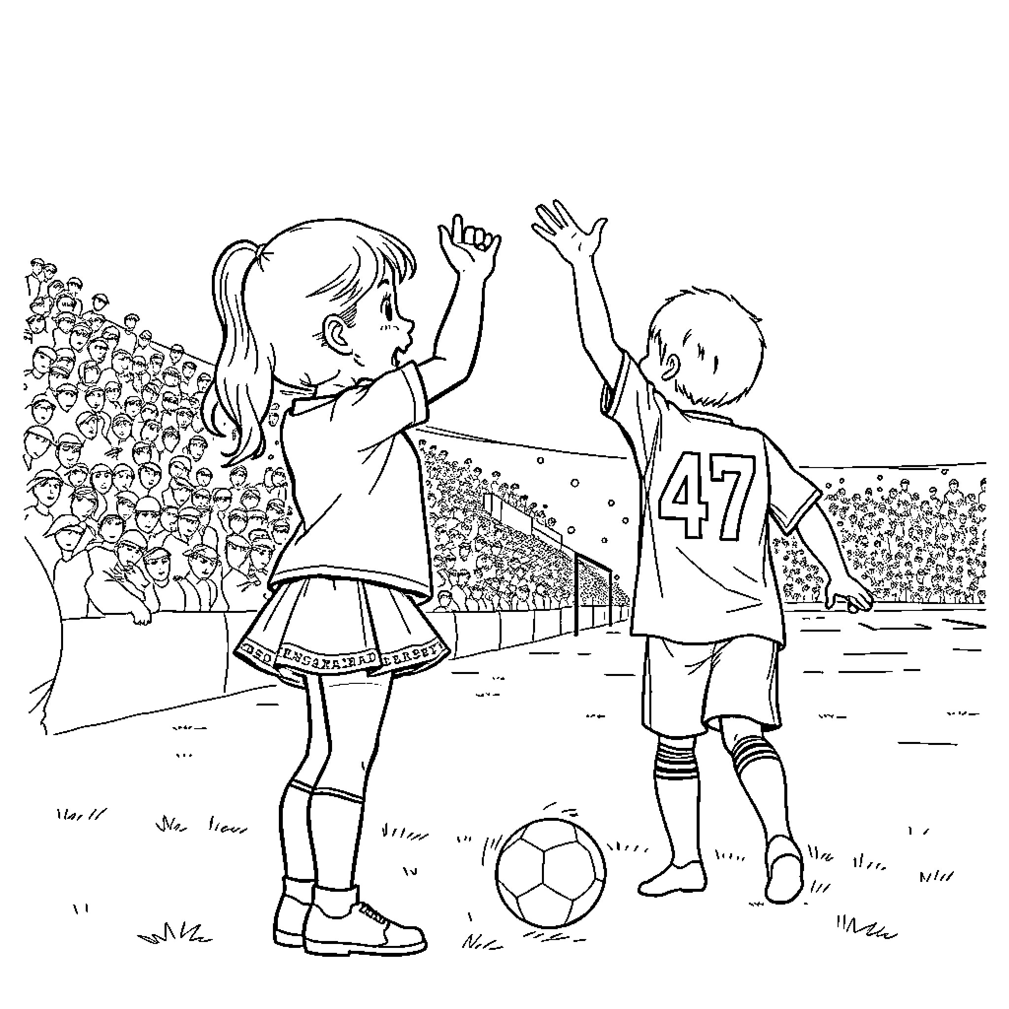 Girl cheers for boy playing soccer on field Coloring Page (free black-and-white line drawing printable PDF for all, from beginners to advanced learners, including children, teens, adults, and seniors)