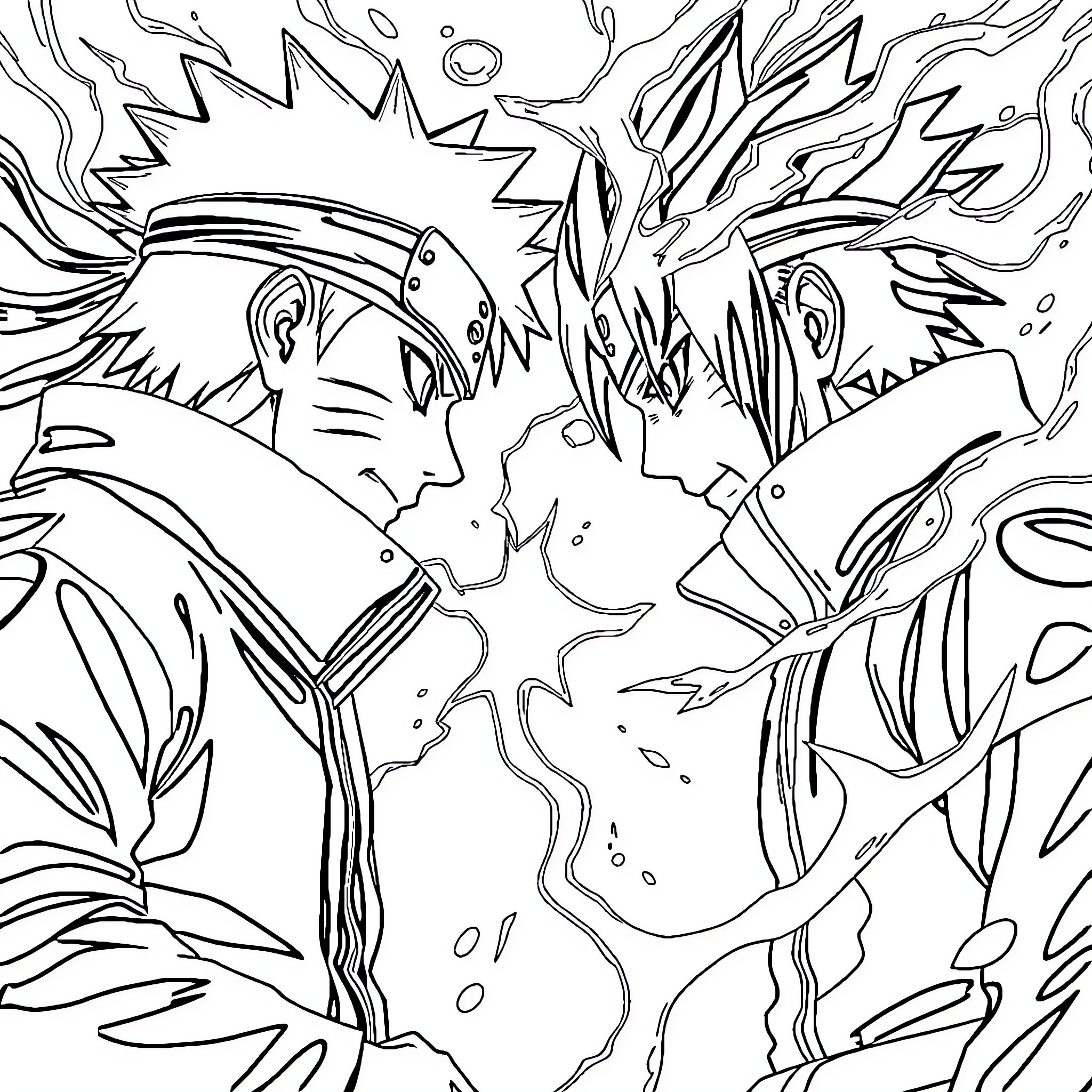 Naruto protagonists in an intense battle scene Coloring Page (free black-and-white line drawing printable PDF for all, from beginners to advanced learners, including children, teens, adults, and seniors)