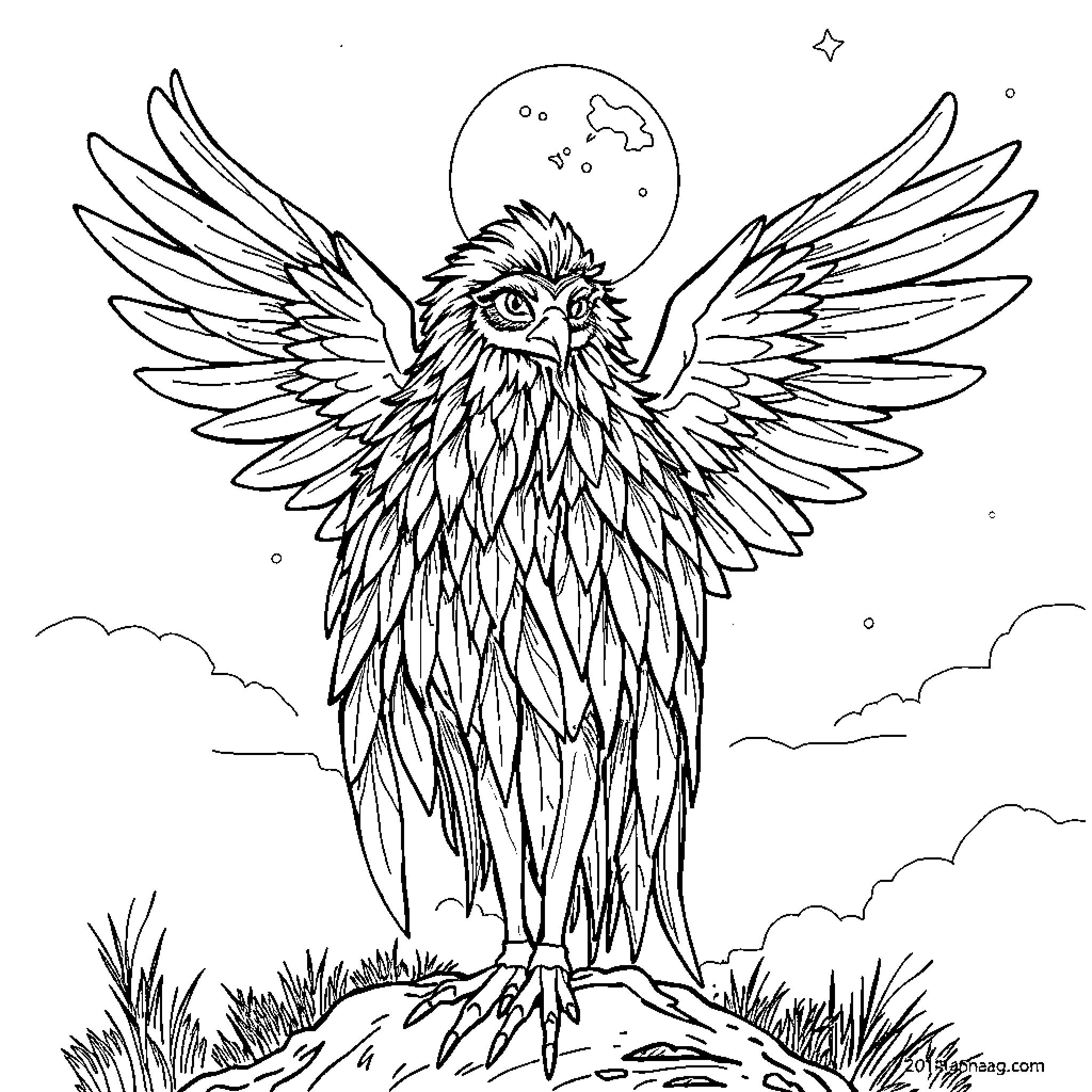 Owl spreading its majestic wings in the night sky Coloring Page (free black-and-white line drawing printable PDF for all, from beginners to advanced learners, including children, teens, adults, and seniors)
