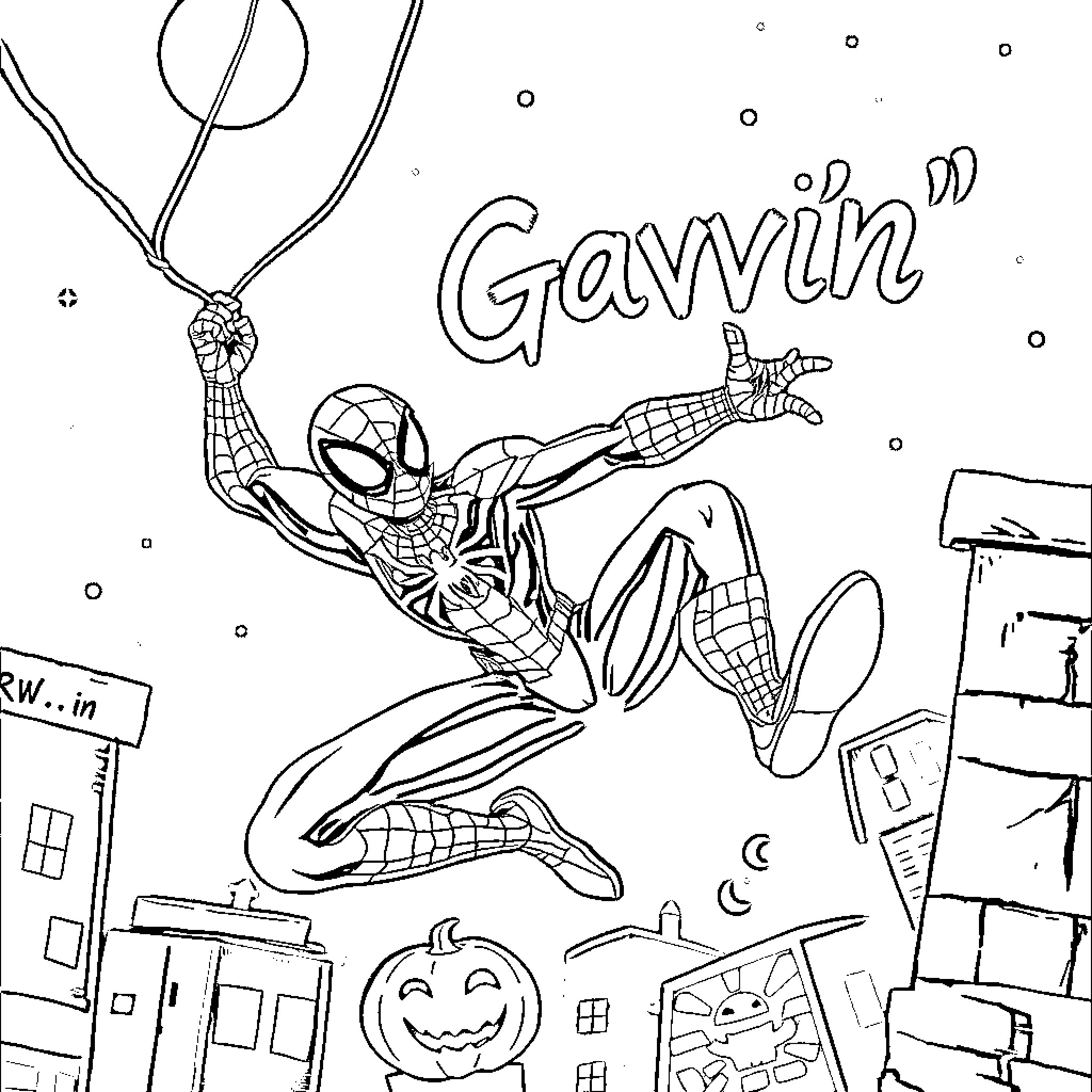 Spider-Man swinging through the city at night Coloring Page (free black-and-white line drawing printable PDF for all, from beginners to advanced learners, including children, teens, adults, and seniors)
