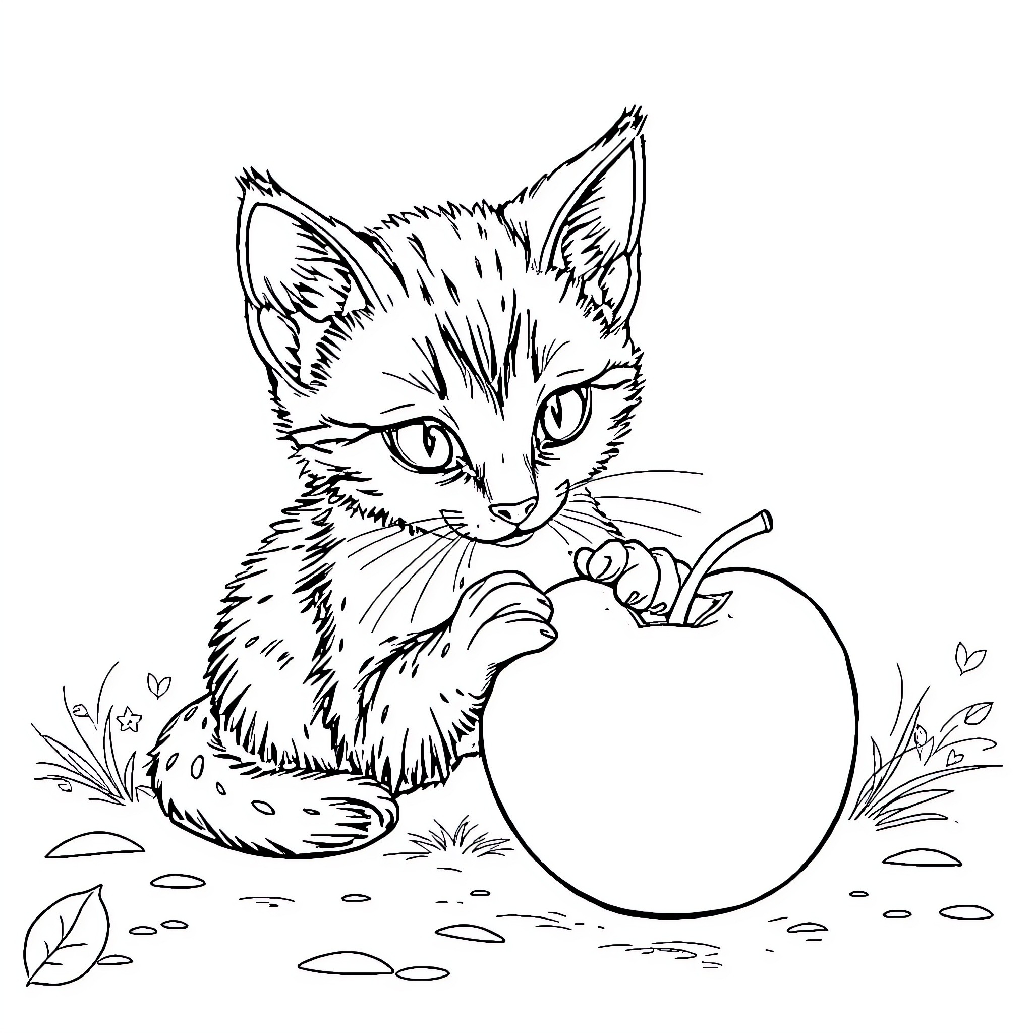 Cat Examining a Delicious Apple Coloring Page (free black-and-white line drawing printable PDF for all, from beginners to advanced learners, including children, teens, adults, and seniors)