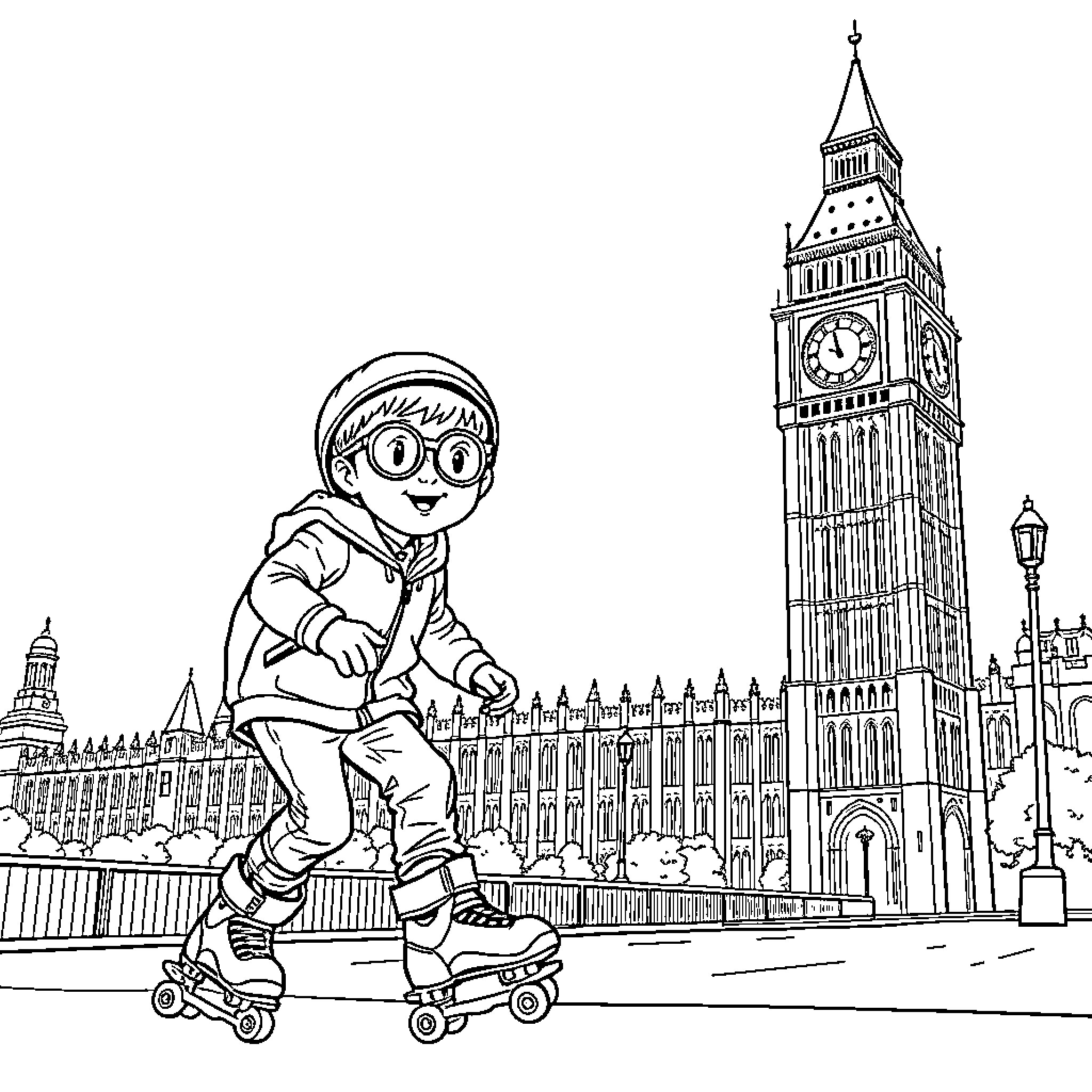 Boy rollerblading near the iconic Big Ben Coloring Page (free black-and-white line drawing printable PDF for all, from beginners to advanced learners, including children, teens, adults, and seniors)