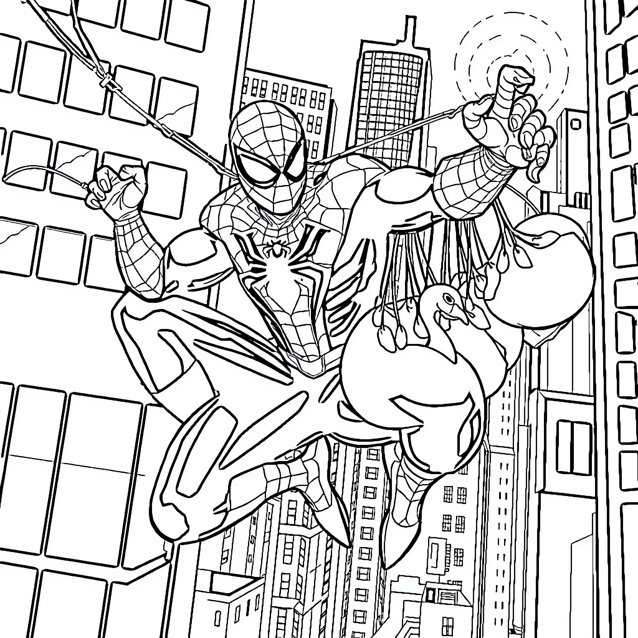 Spiderman swinging through the city on web Coloring Page (free black-and-white line drawing printable PDF for all, from beginners to advanced learners, including children, teens, adults, and seniors)