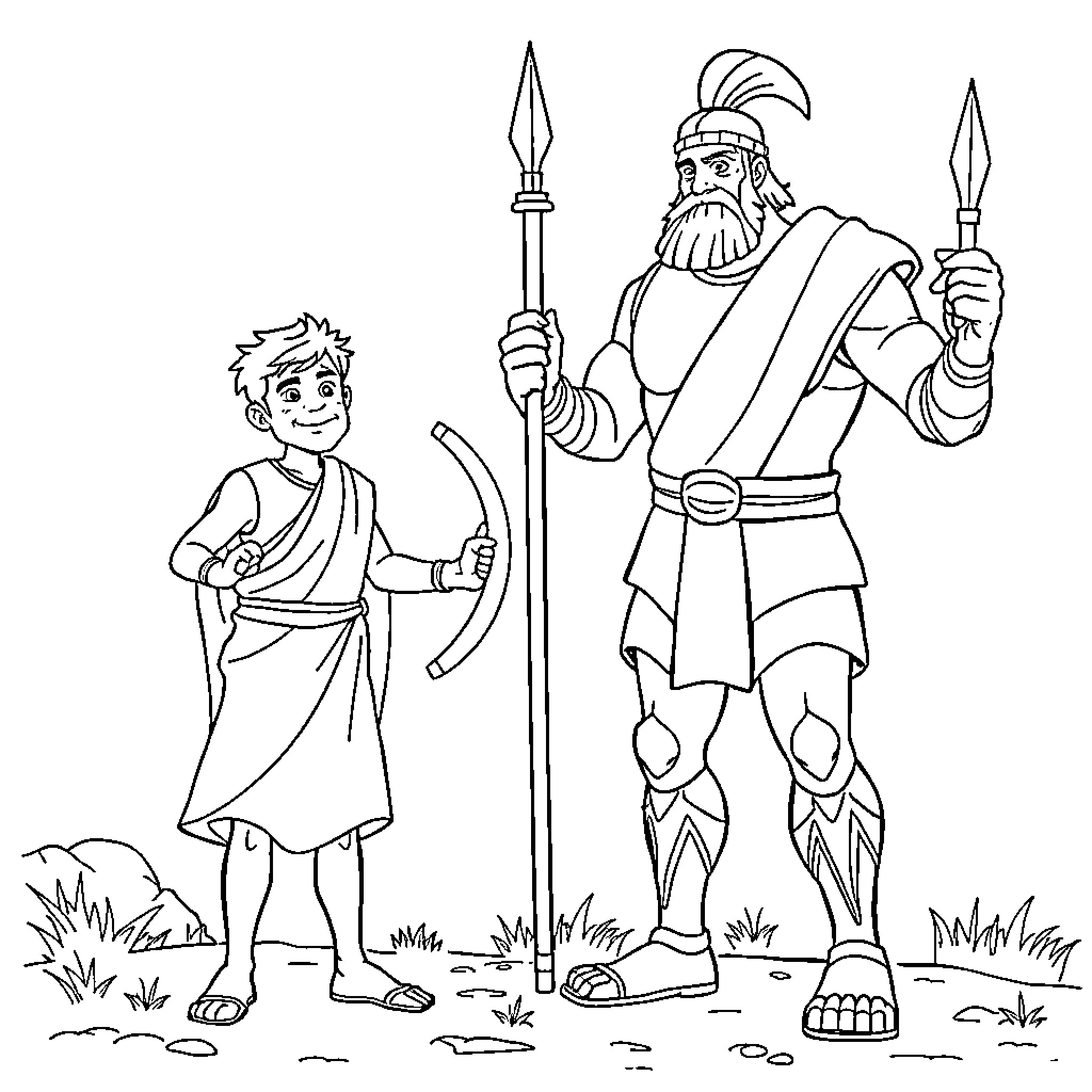 David and Goliath: A Heroic Encounter between the Shepherd and the Giant Coloring Page (free black-and-white line drawing printable PDF for all, from beginners to advanced learners, including children, teens, adults, and seniors)