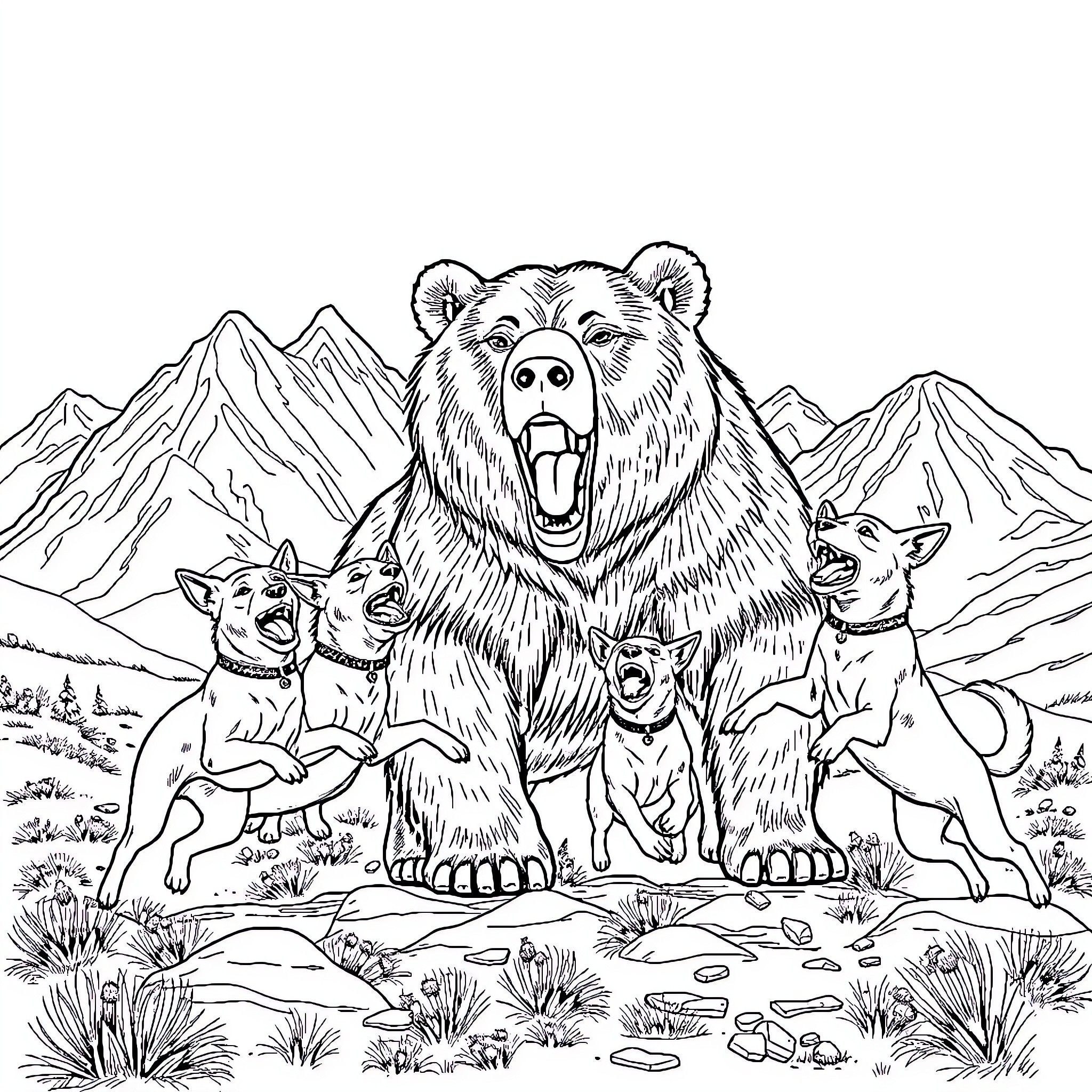 Dog leads a pack of wildlife in the wilderness Coloring Page (free black-and-white line drawing printable PDF for all, from beginners to advanced learners, including children, teens, adults, and seniors)