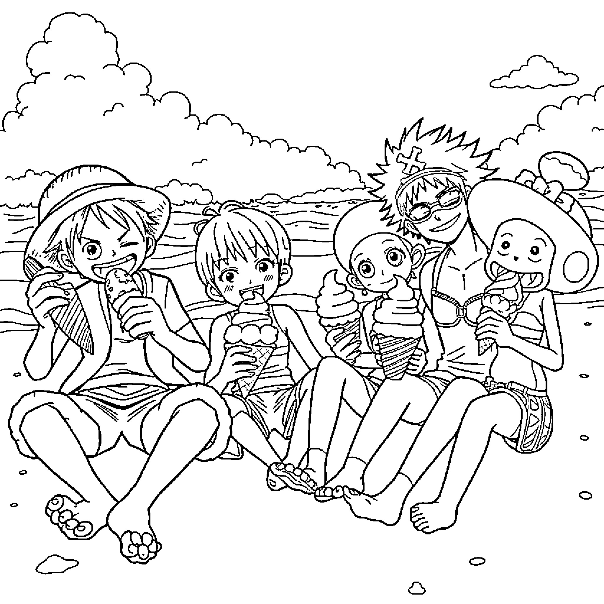 Straw Hat Pirates enjoying a beach day Coloring Page (free black-and-white line drawing printable PDF for all, from beginners to advanced learners, including children, teens, adults, and seniors)