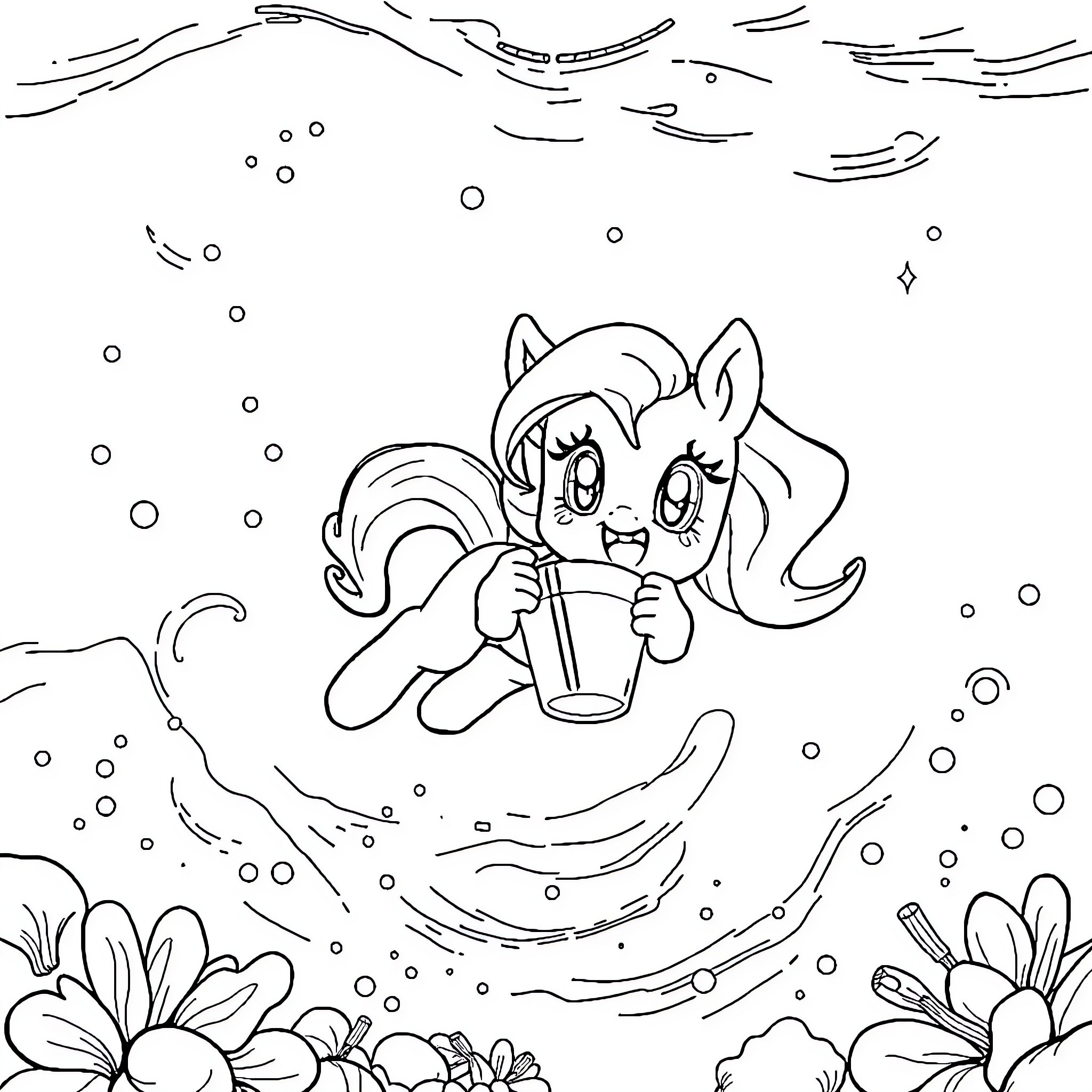 Ponyo enjoying a delightful underwater scene Coloring Page (free black-and-white line drawing printable PDF for all, from beginners to advanced learners, including children, teens, adults, and seniors)