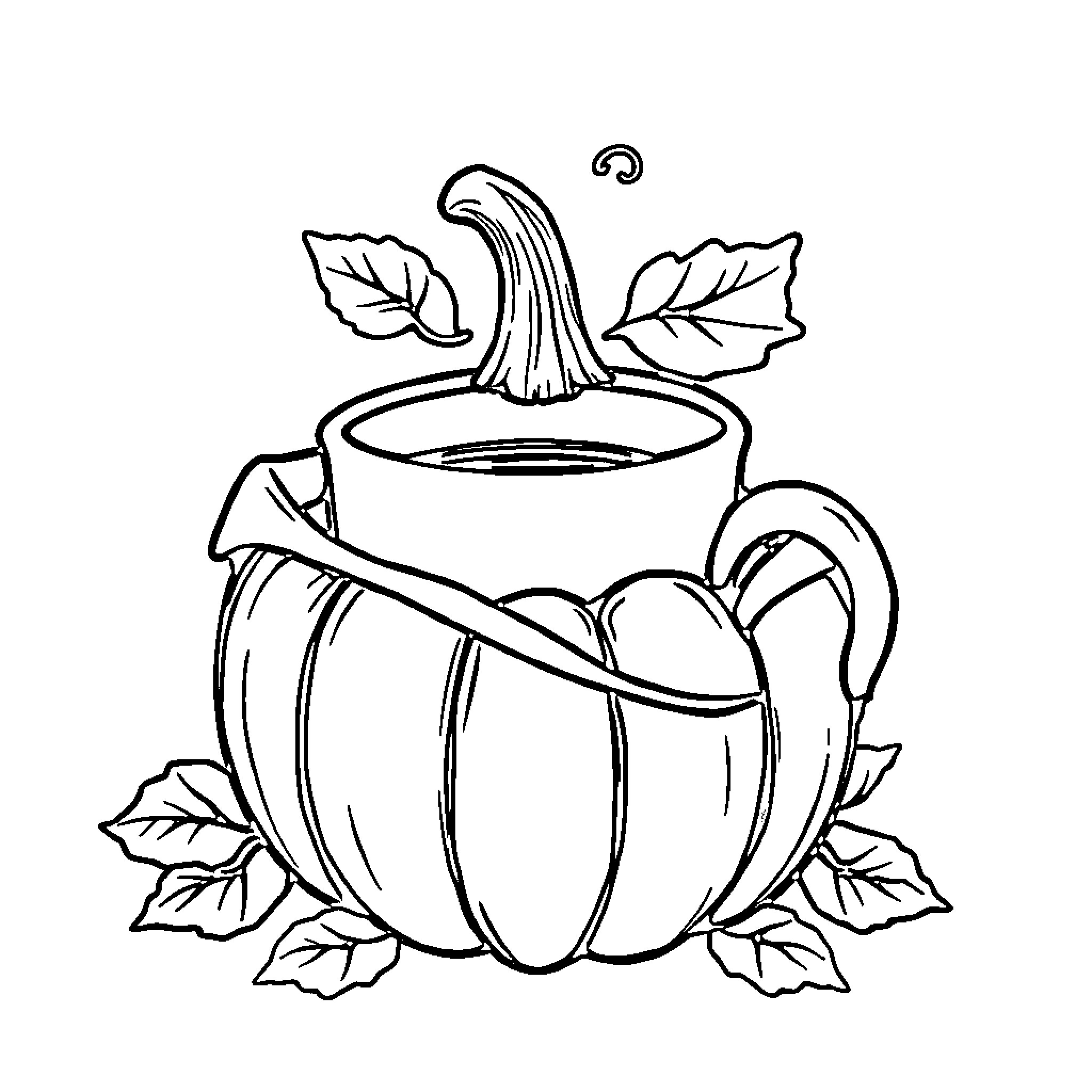 Coffee Cup with Autumn Leaves Coloring Page (free black-and-white line drawing printable PDF for all, from beginners to advanced learners, including children, teens, adults, and seniors)