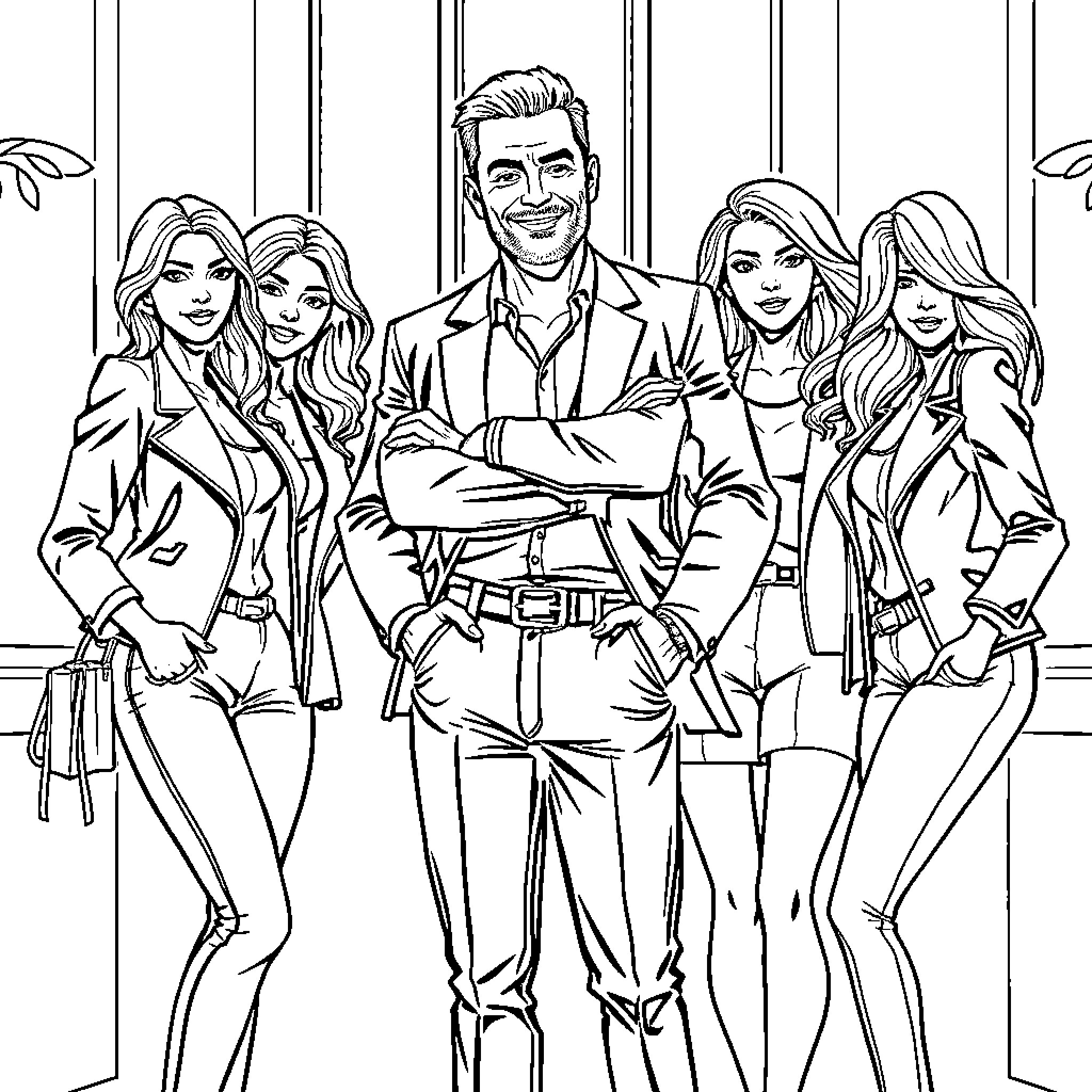 Man and stylish women posing in formal attire Coloring Page (free black-and-white line drawing printable PDF for all, from beginners to advanced learners, including children, teens, adults, and seniors)