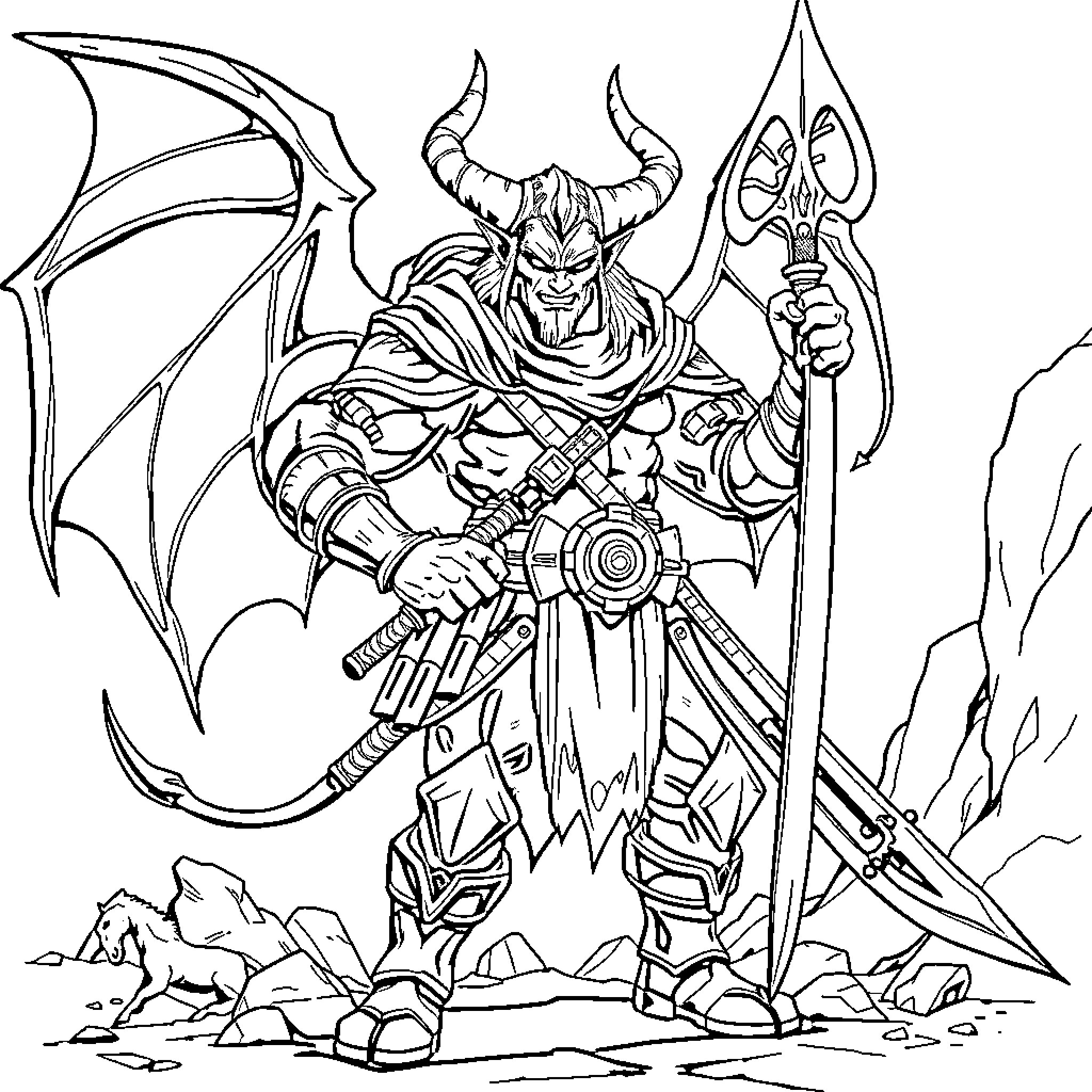 Huntrix the Demonic Warrior Wielding Weapons Coloring Page (free black-and-white line drawing printable PDF for all, from beginners to advanced learners, including children, teens, adults, and seniors)