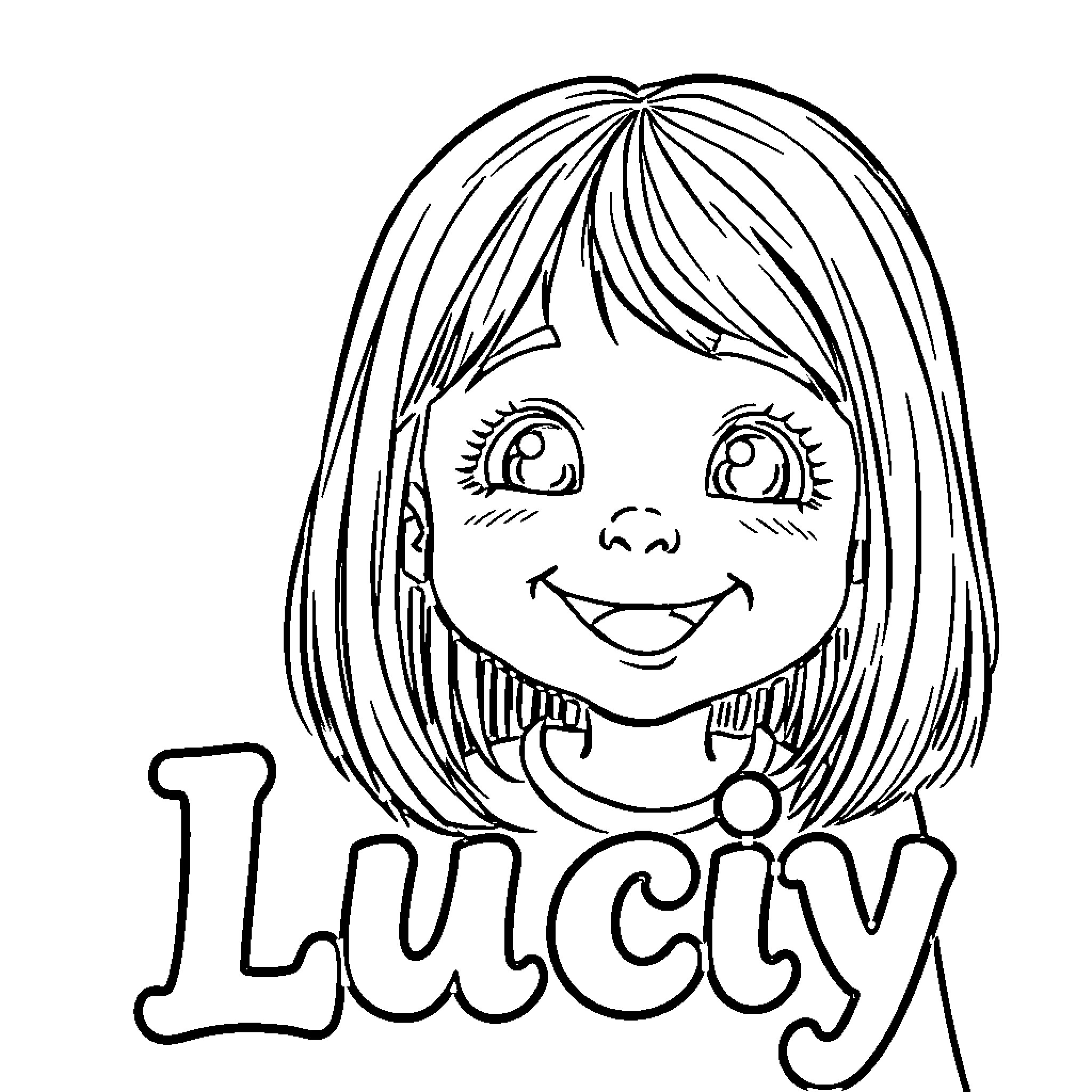 Lucy's cheerful expression and friendly smile Coloring Page (free black-and-white line drawing printable PDF for all, from beginners to advanced learners, including children, teens, adults, and seniors)