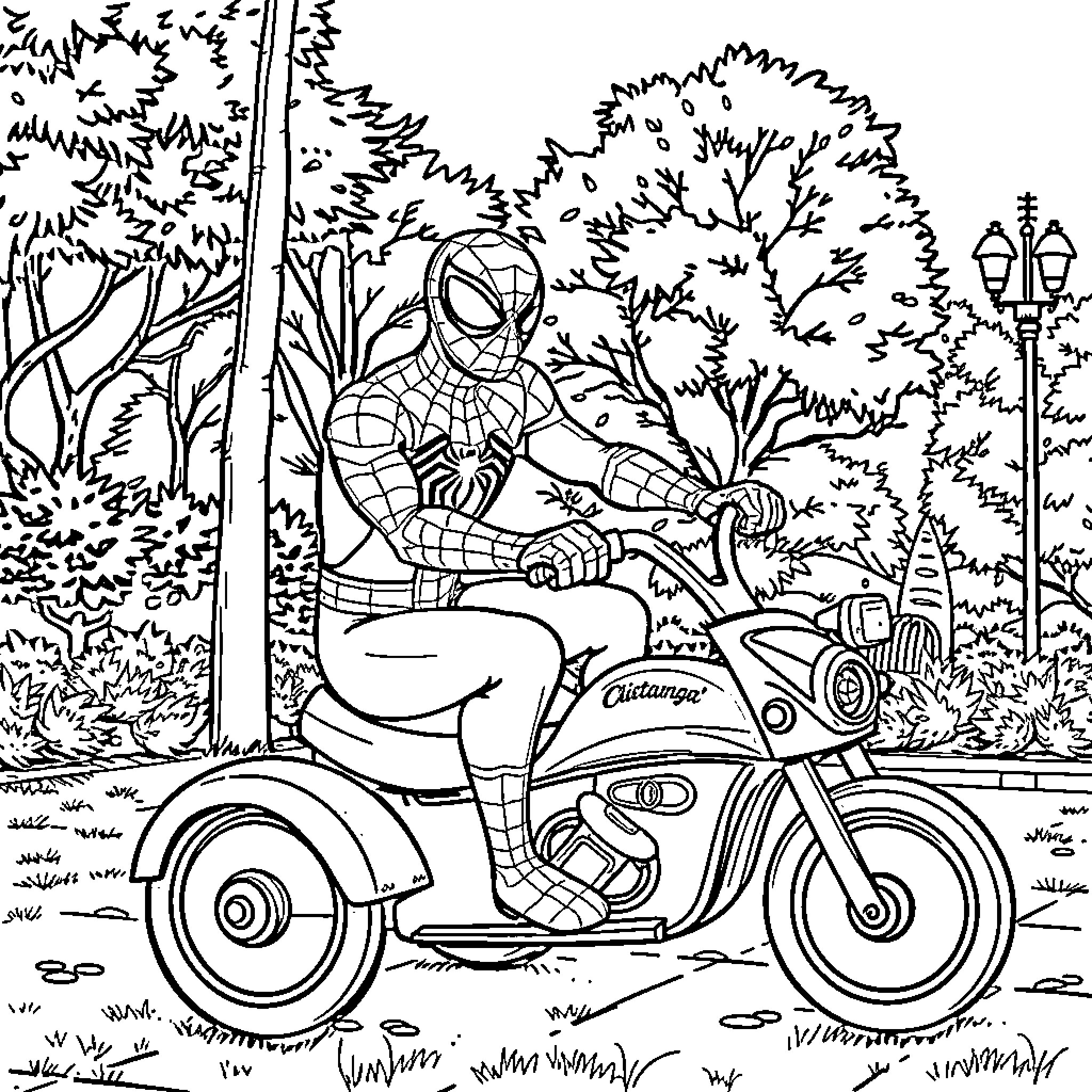 Spiderman rides motorcycle through city park Coloring Page (free black-and-white line drawing printable PDF for all, from beginners to advanced learners, including children, teens, adults, and seniors)