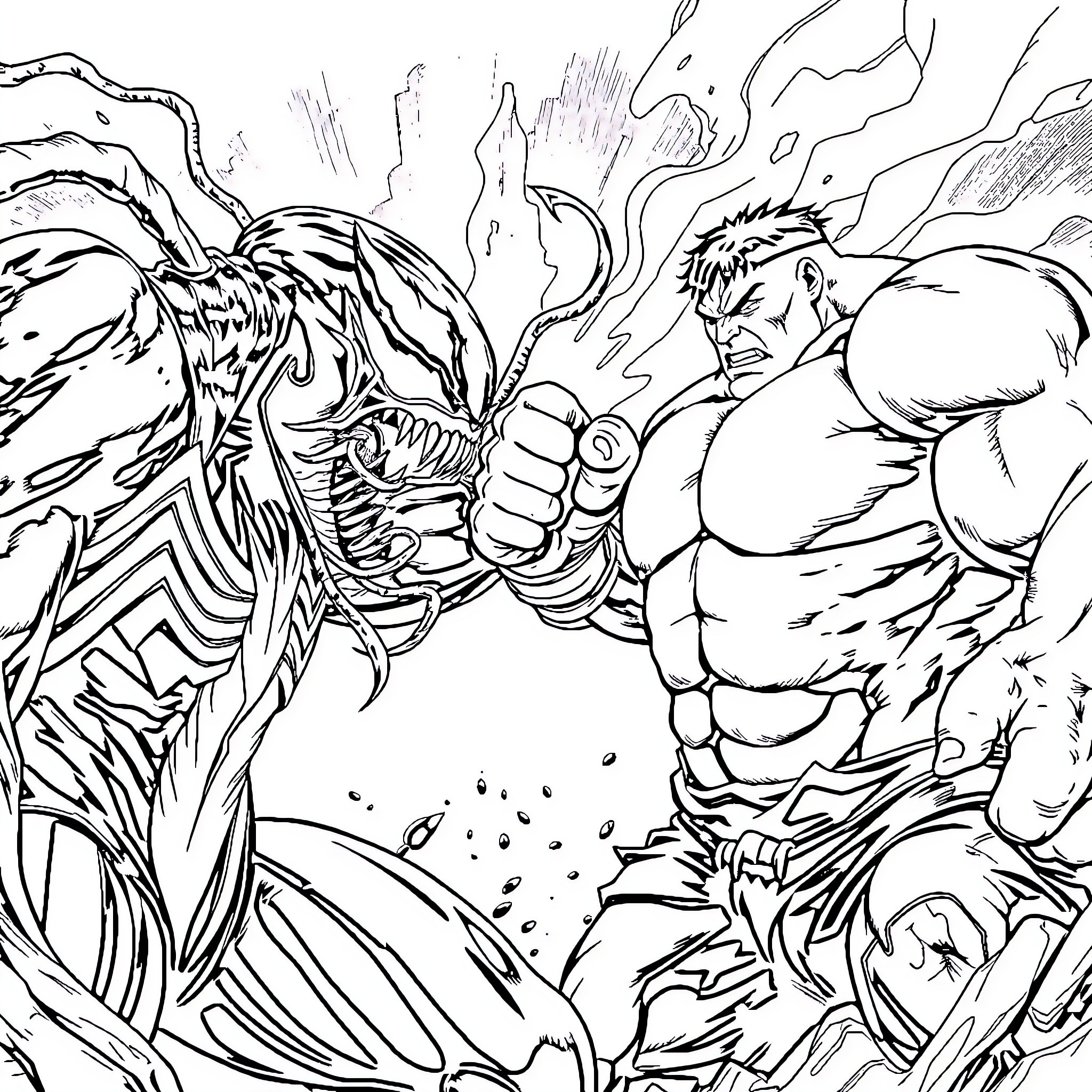 Venom's Clash with a Muscular Adversary Coloring Page (free black-and-white line drawing printable PDF for all, from beginners to advanced learners, including children, teens, adults, and seniors)