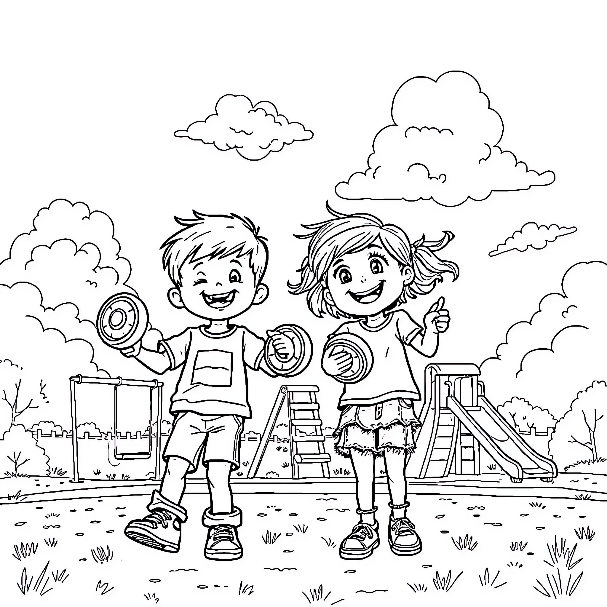 Kid's Adventure in the Playground Coloring Page (free black-and-white line drawing printable PDF for all, from beginners to advanced learners, including children, teens, adults, and seniors)