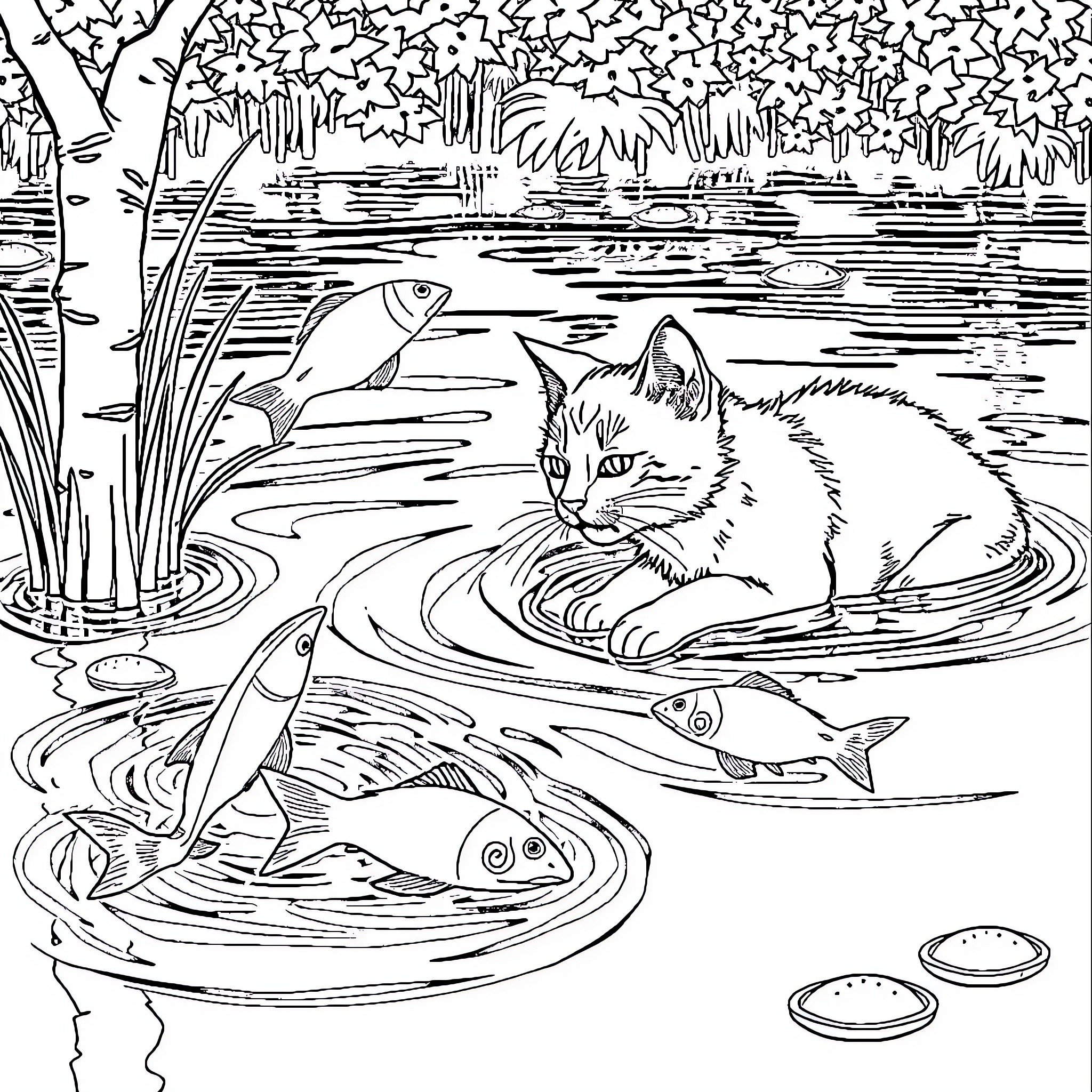 Cat exploring pond with fish Coloring Page (free black-and-white line drawing printable PDF for all, from beginners to advanced learners, including children, teens, adults, and seniors)