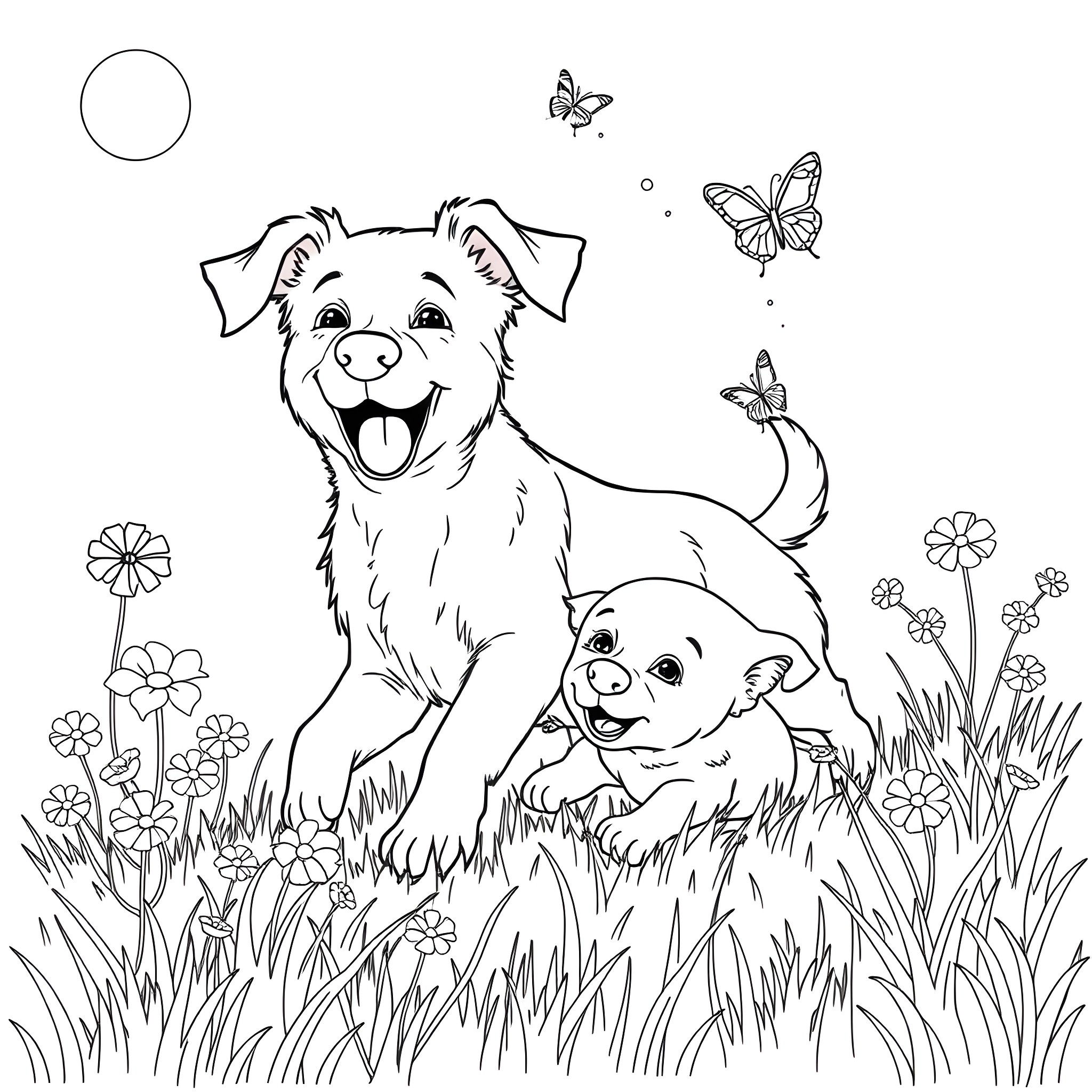 Dog and puppies playing joyfully in the meadow Coloring Page (free black-and-white line drawing printable PDF for all, from beginners to advanced learners, including children, teens, adults, and seniors)