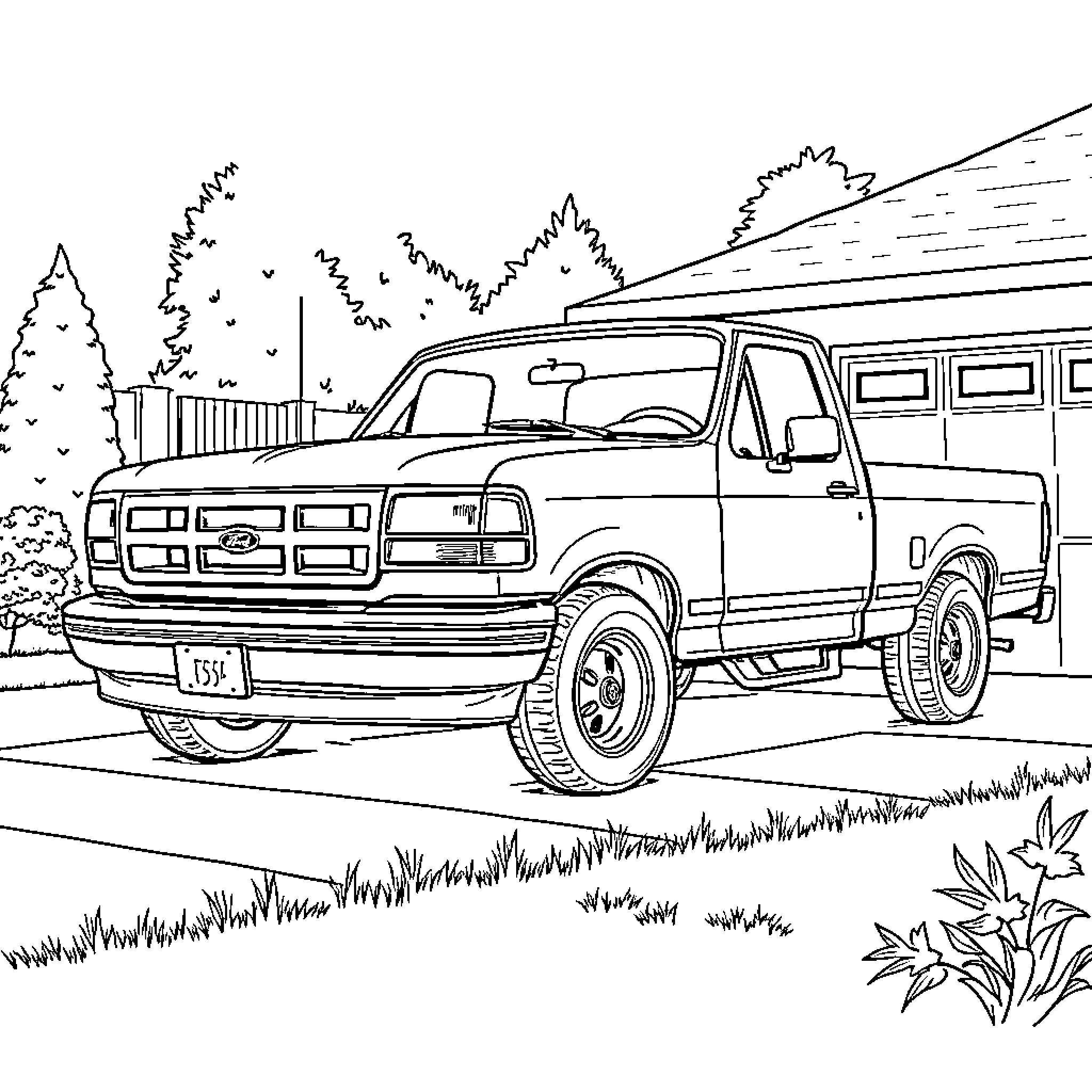 Ford F150 pickup truck on a rural road Coloring Page (free black-and-white line drawing printable PDF for all, from beginners to advanced learners, including children, teens, adults, and seniors)
