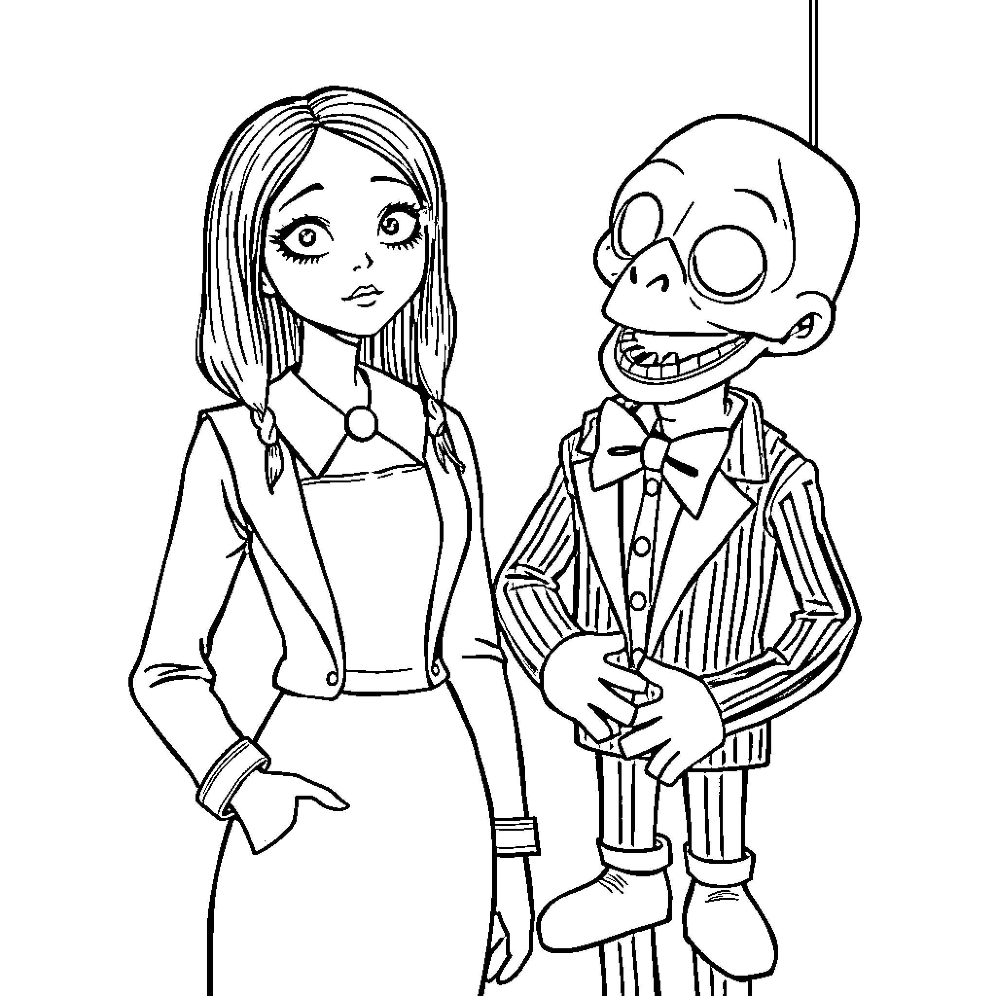 Wednesday's Peculiar Pair: Odd Couple in Quirky Outfits Coloring Page (free black-and-white line drawing printable PDF for all, from beginners to advanced learners, including children, teens, adults, and seniors)