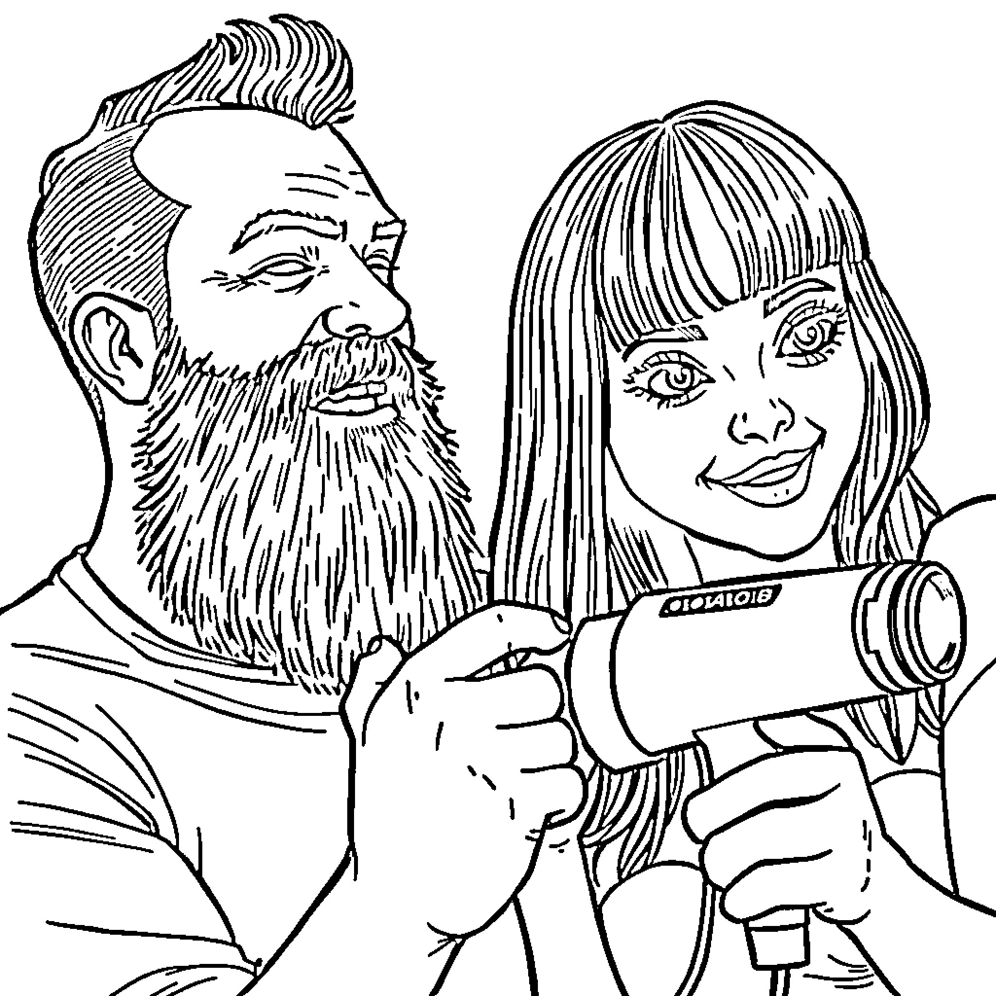 Man and Woman Taking Selfie Together Coloring Page (free black-and-white line drawing printable PDF for all, from beginners to advanced learners, including children, teens, adults, and seniors)