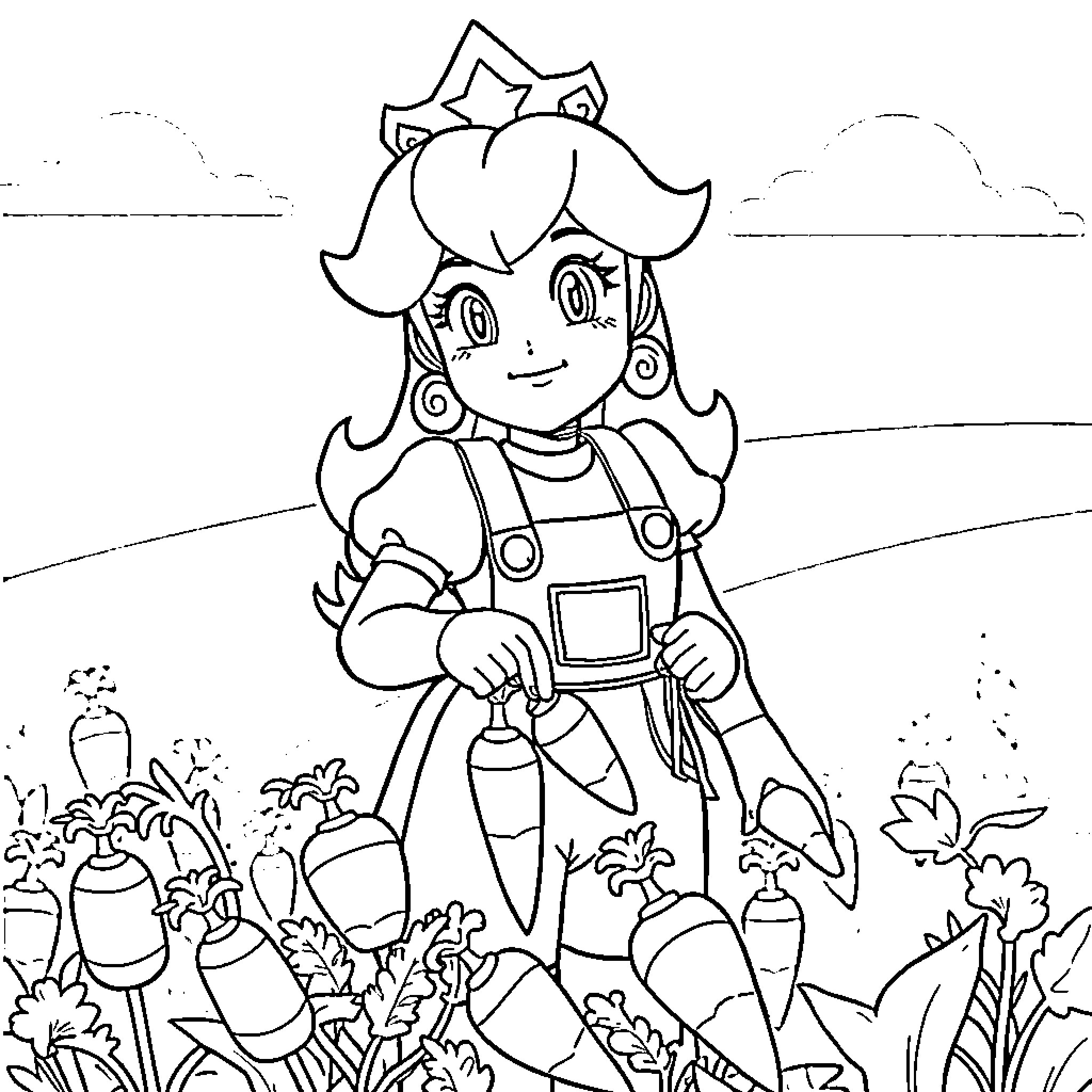 Princess Gardening in the Blooming Meadow Coloring Page (free black-and-white line drawing printable PDF for all, from beginners to advanced learners, including children, teens, adults, and seniors)