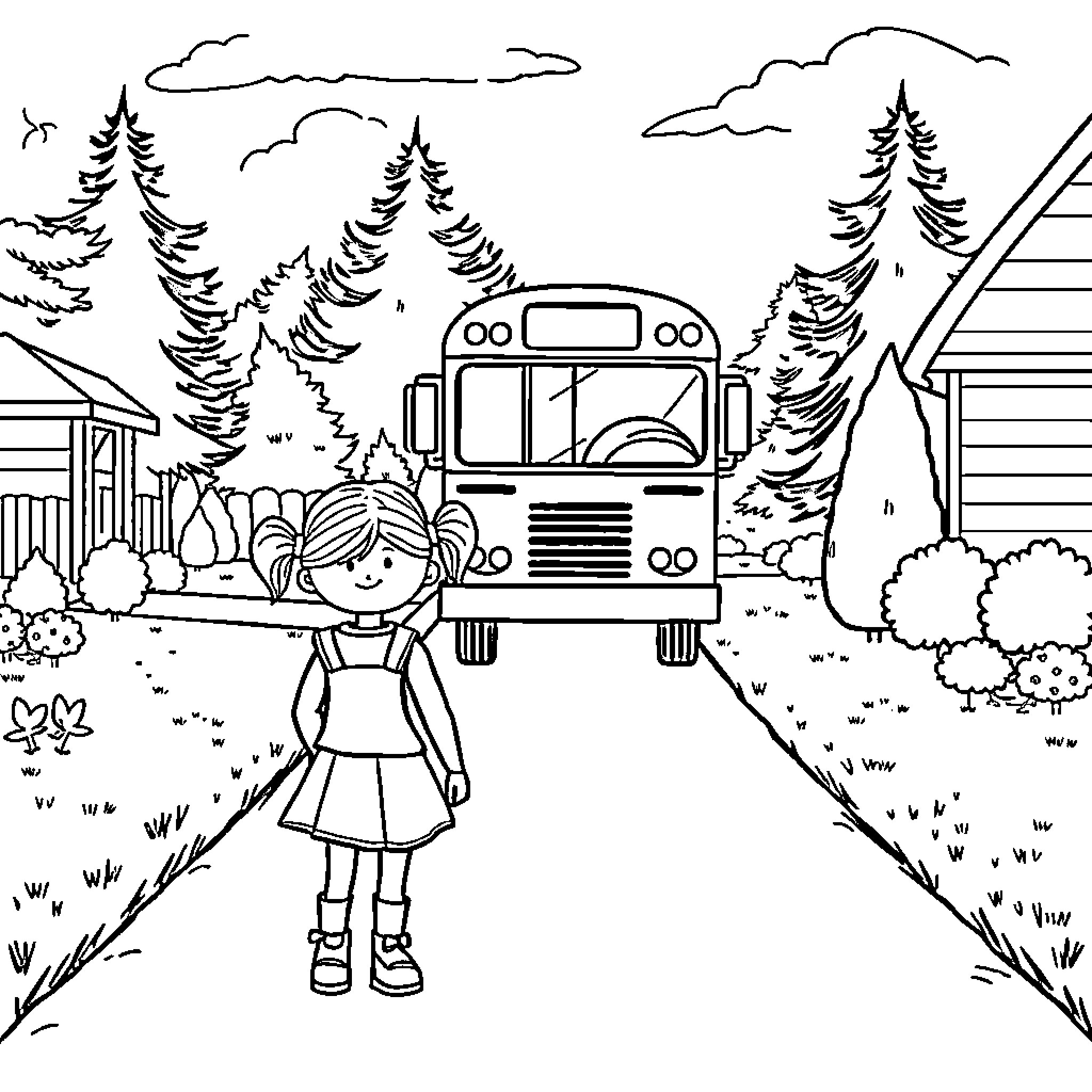 Girl waiting for the school bus in nature Coloring Page (free black-and-white line drawing printable PDF for all, from beginners to advanced learners, including children, teens, adults, and seniors)