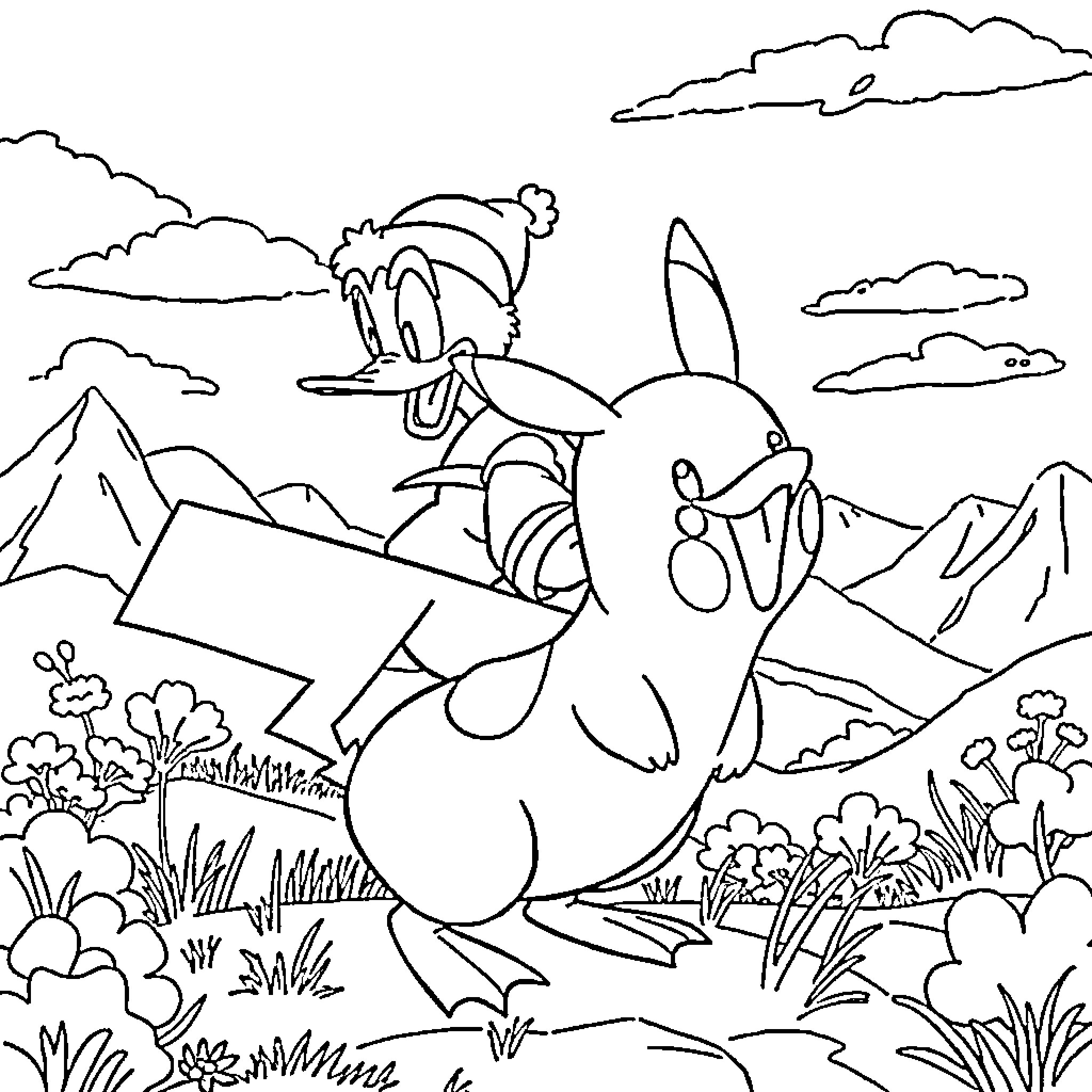 Donald Duck exploring the countryside with his rabbit friend Coloring Page (free black-and-white line drawing printable PDF for all, from beginners to advanced learners, including children, teens, adults, and seniors)