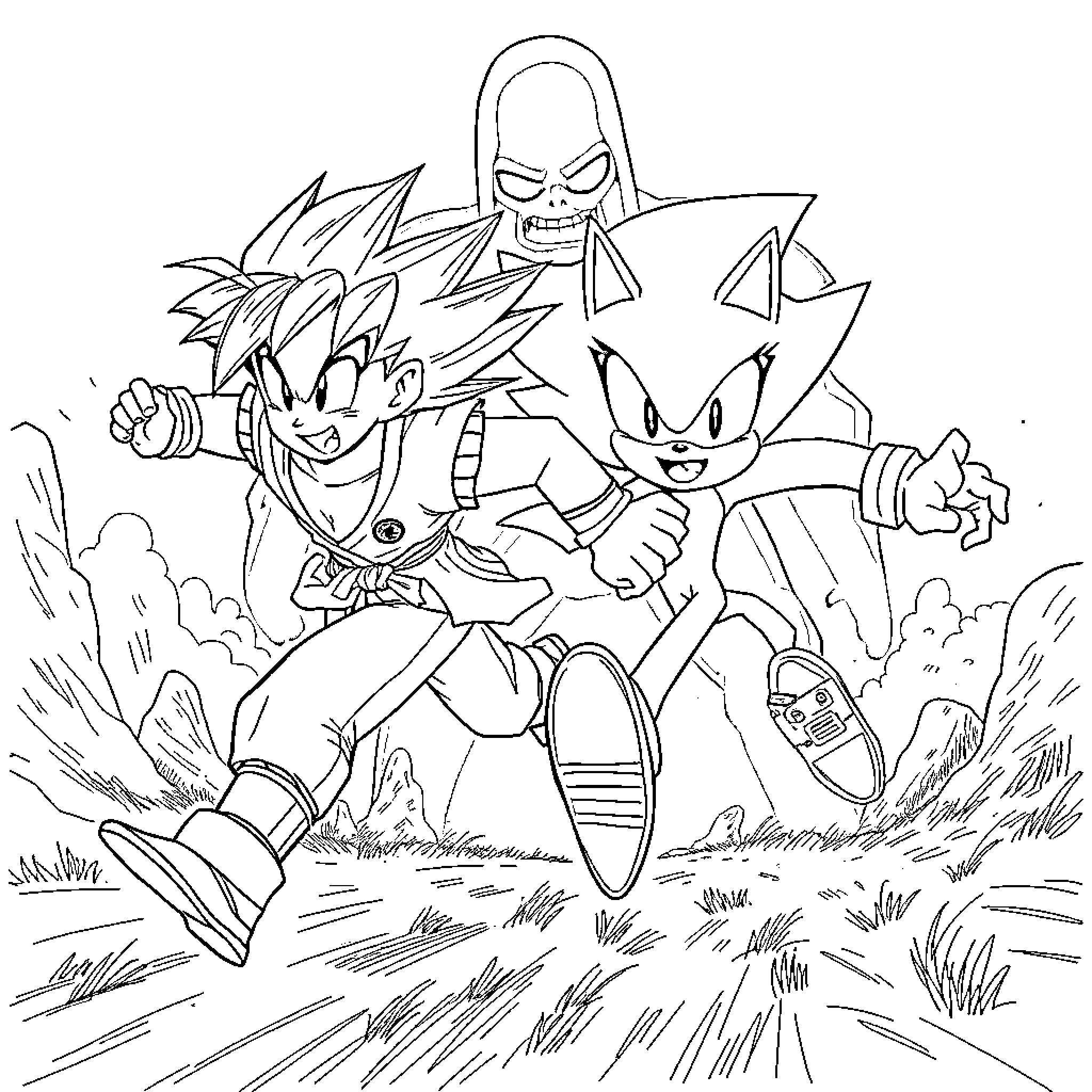 Goku and Sonic Confront a Villainous Foe Coloring Page (free black-and-white line drawing printable PDF for all, from beginners to advanced learners, including children, teens, adults, and seniors)