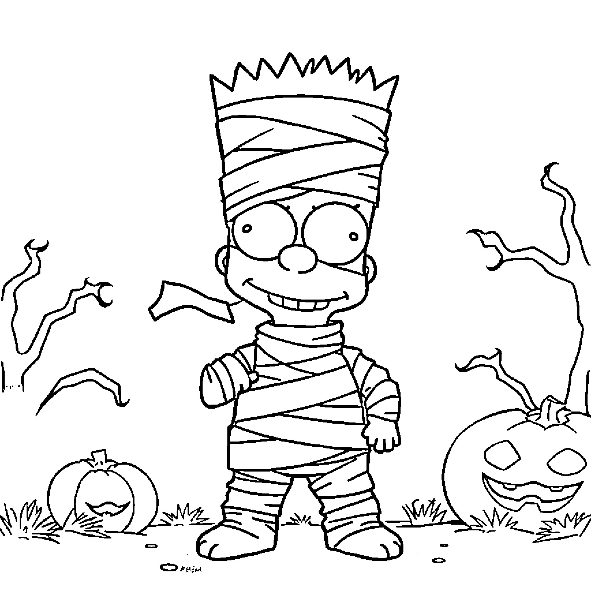 Bart Simpson as a mummy in a Halloween setting Coloring Page (free black-and-white line drawing printable PDF for all, from beginners to advanced learners, including children, teens, adults, and seniors)