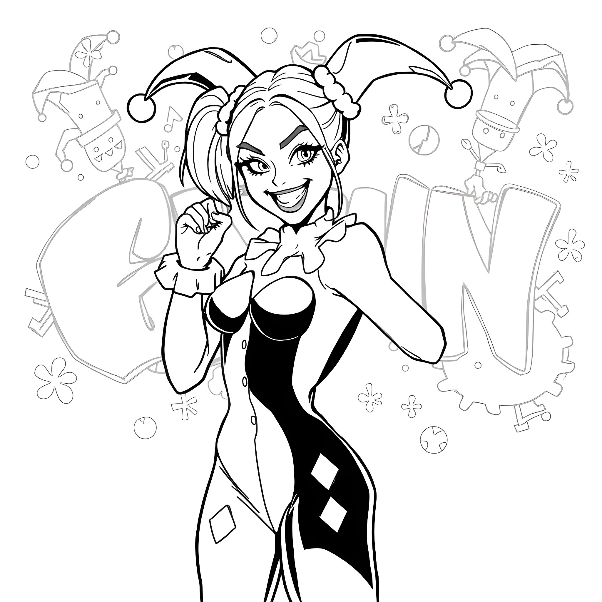Harley Quinn's Cheerful Jester Antics Coloring Page (free black-and-white line drawing printable PDF for all, from beginners to advanced learners, including children, teens, adults, and seniors)