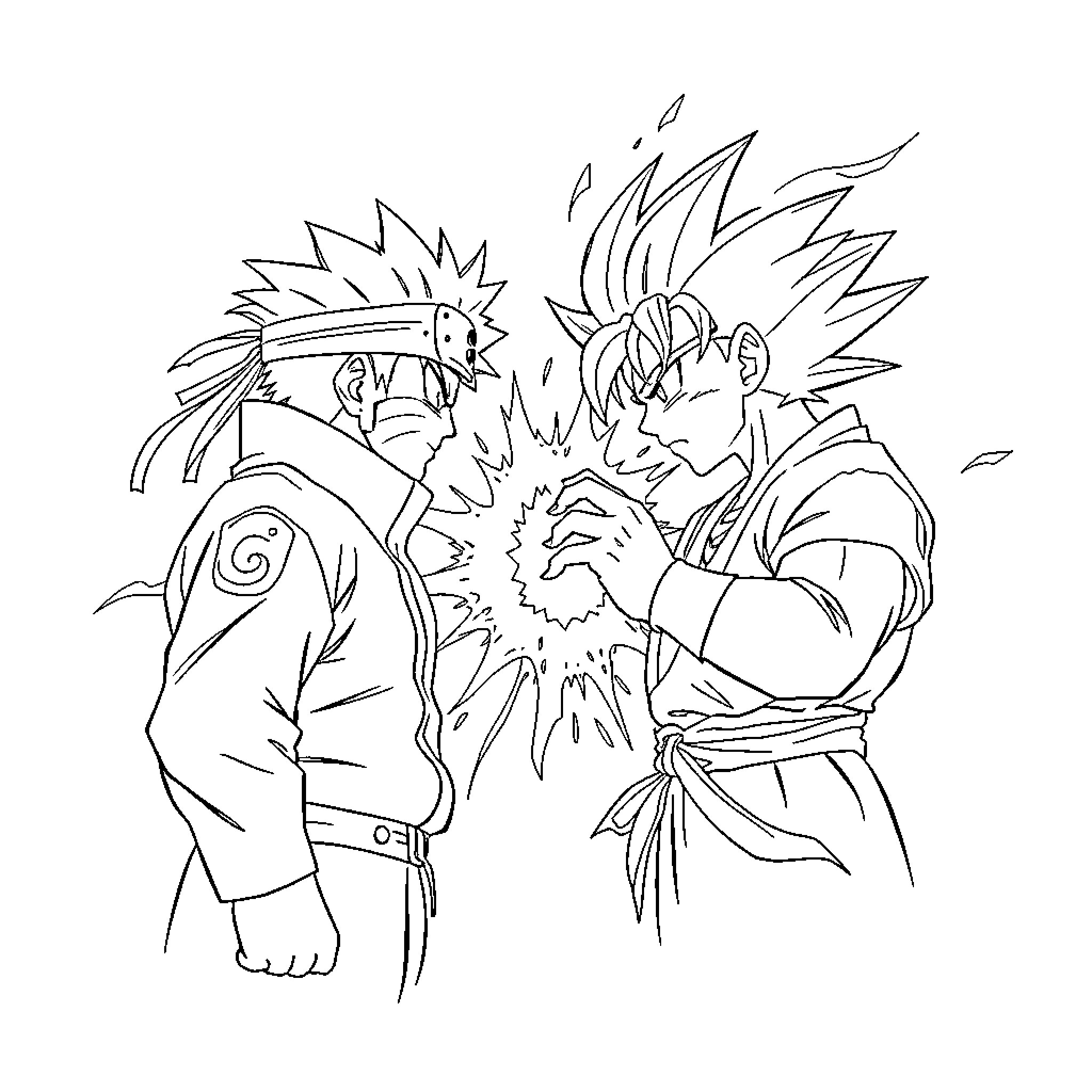 Naruto characters in fierce combat Coloring Page (free black-and-white line drawing printable PDF for all, from beginners to advanced learners, including children, teens, adults, and seniors)