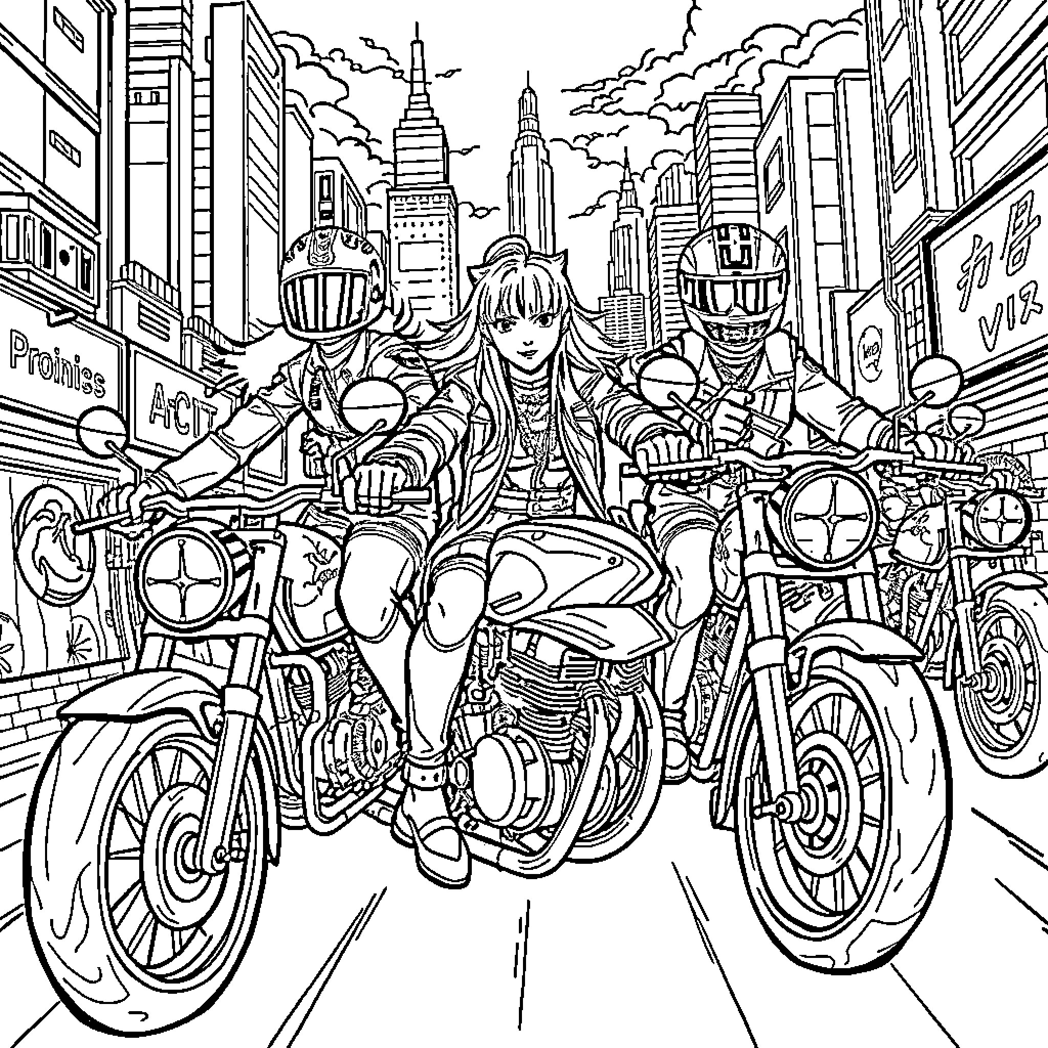 K Pop Warrior Riding Motorcycles on the Street Coloring Page (free black-and-white line drawing printable PDF for all, from beginners to advanced learners, including children, teens, adults, and seniors)