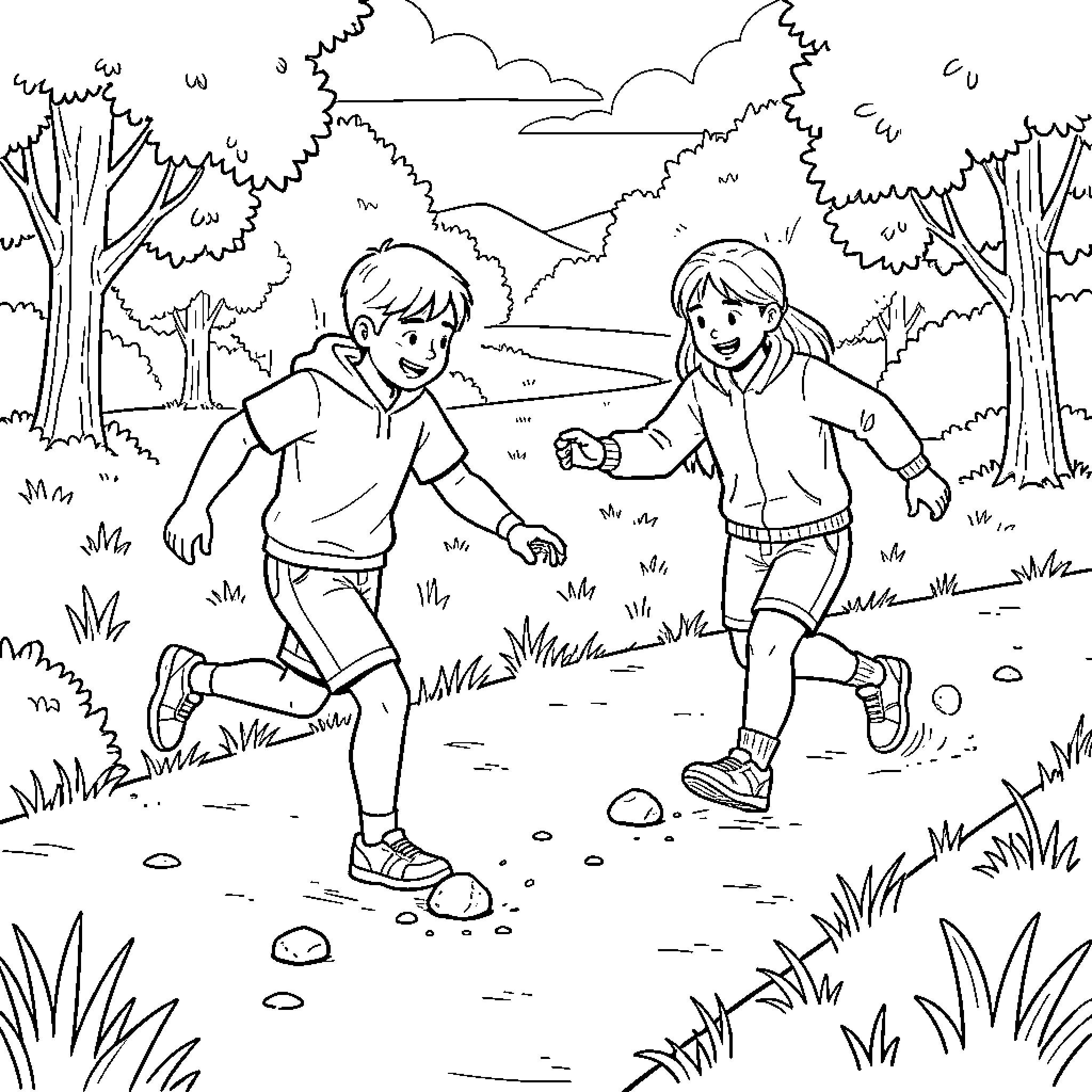 Rocking children running joyfully along a forest path Coloring Page (free black-and-white line drawing printable PDF for all, from beginners to advanced learners, including children, teens, adults, and seniors)