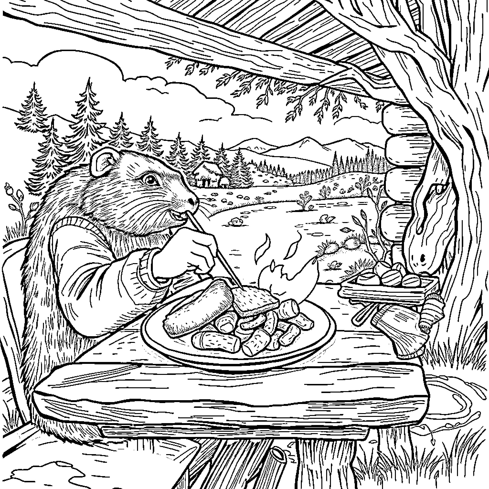 Beaver cooking hearty meal in the forest Coloring Page (free black-and-white line drawing printable PDF for all, from beginners to advanced learners, including children, teens, adults, and seniors)