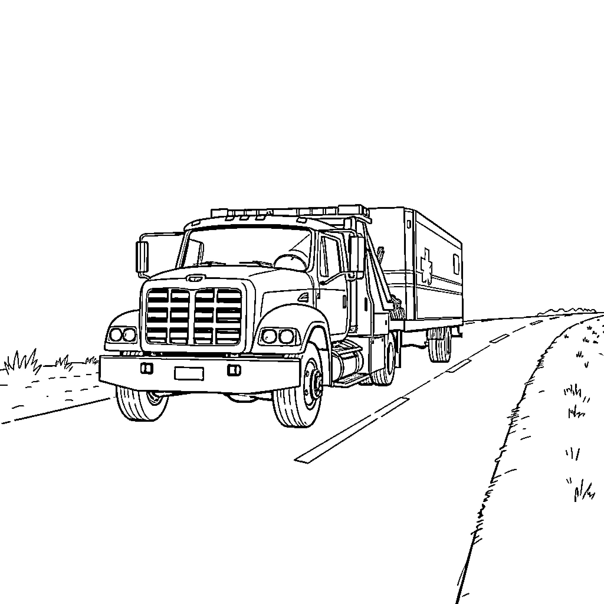 Tow Truck transporting vehicle on rural road Coloring Page (free black-and-white line drawing printable PDF for all, from beginners to advanced learners, including children, teens, adults, and seniors)