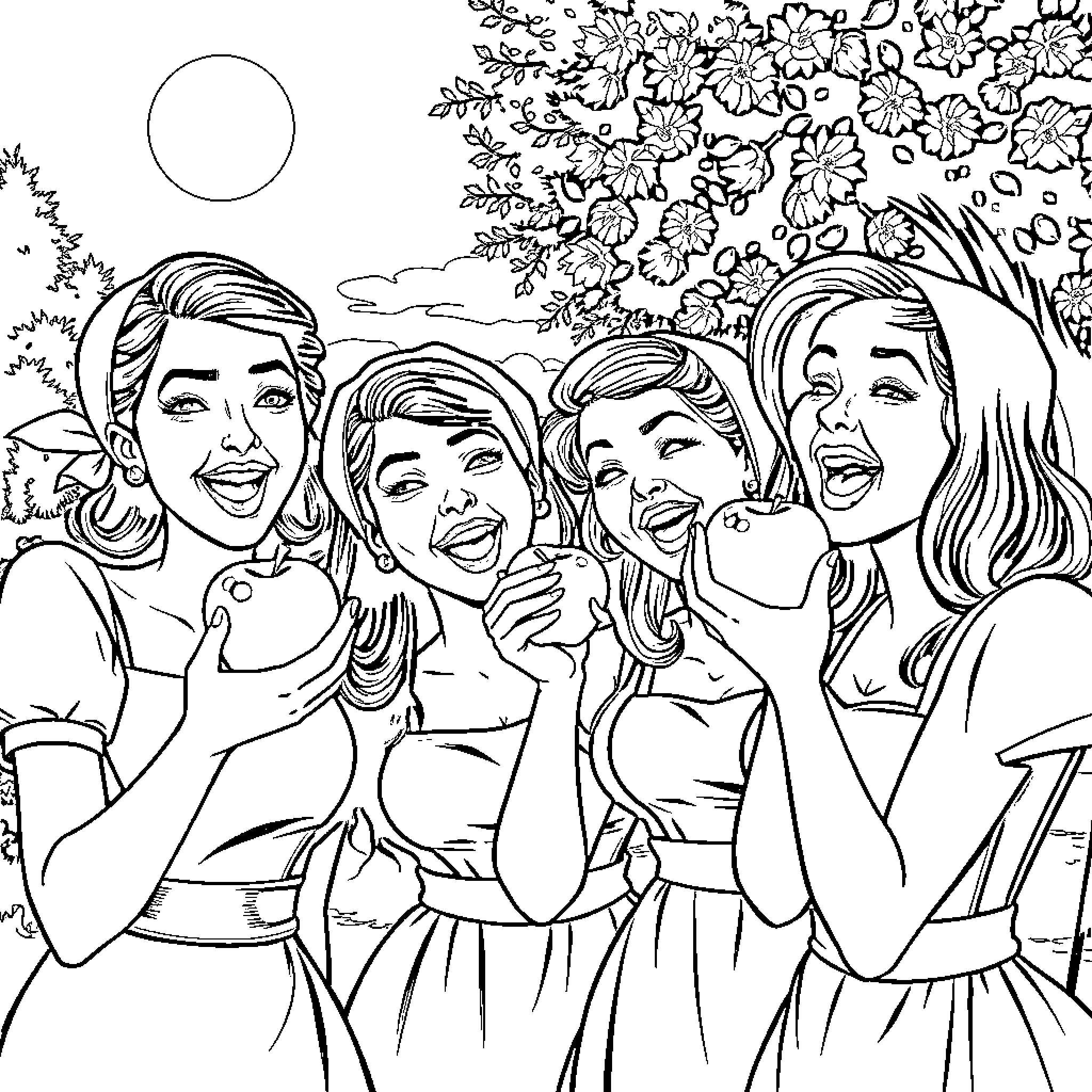 Housewives Celebrating with Laughter and Joy Coloring Page (free black-and-white line drawing printable PDF for all, from beginners to advanced learners, including children, teens, adults, and seniors)