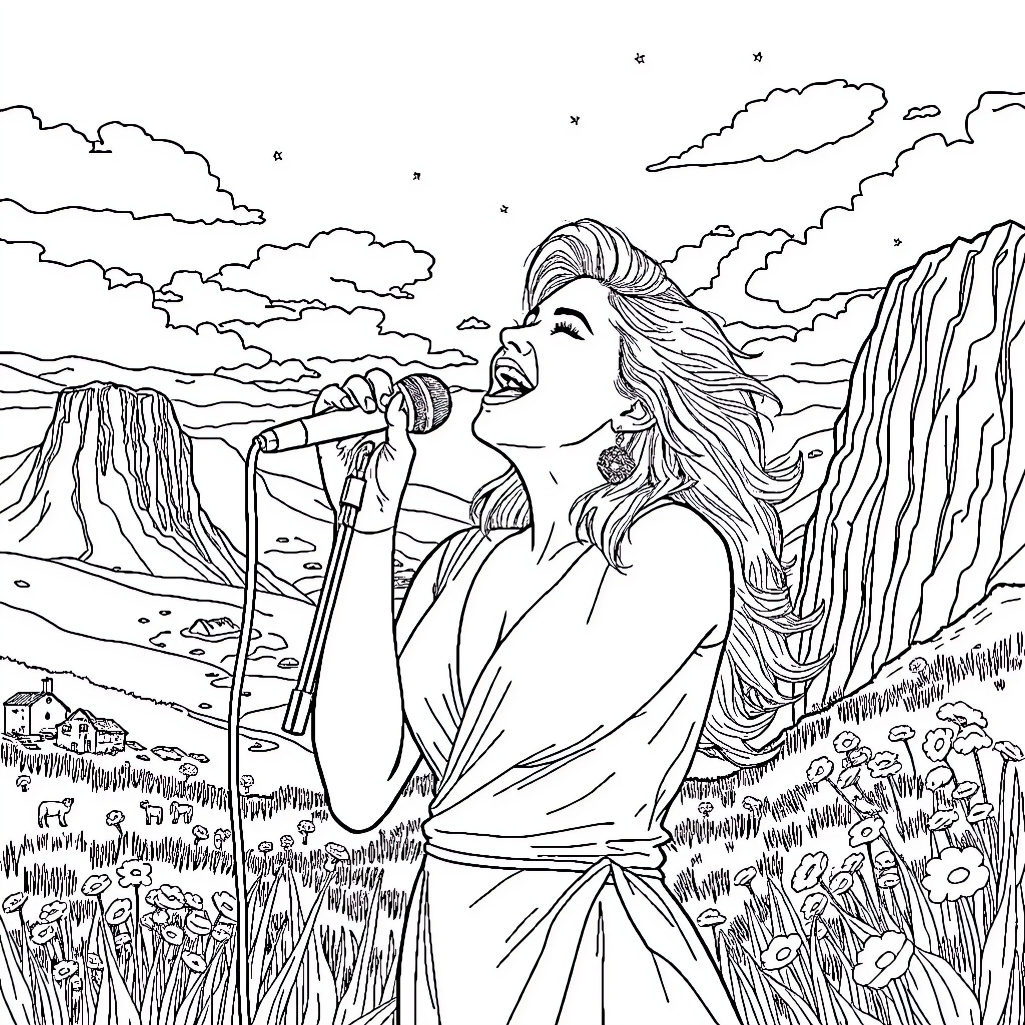 Kylie Minogue performing passionately on stage amid dramatic landscape Coloring Page (free black-and-white line drawing printable PDF for all, from beginners to advanced learners, including children, teens, adults, and seniors)