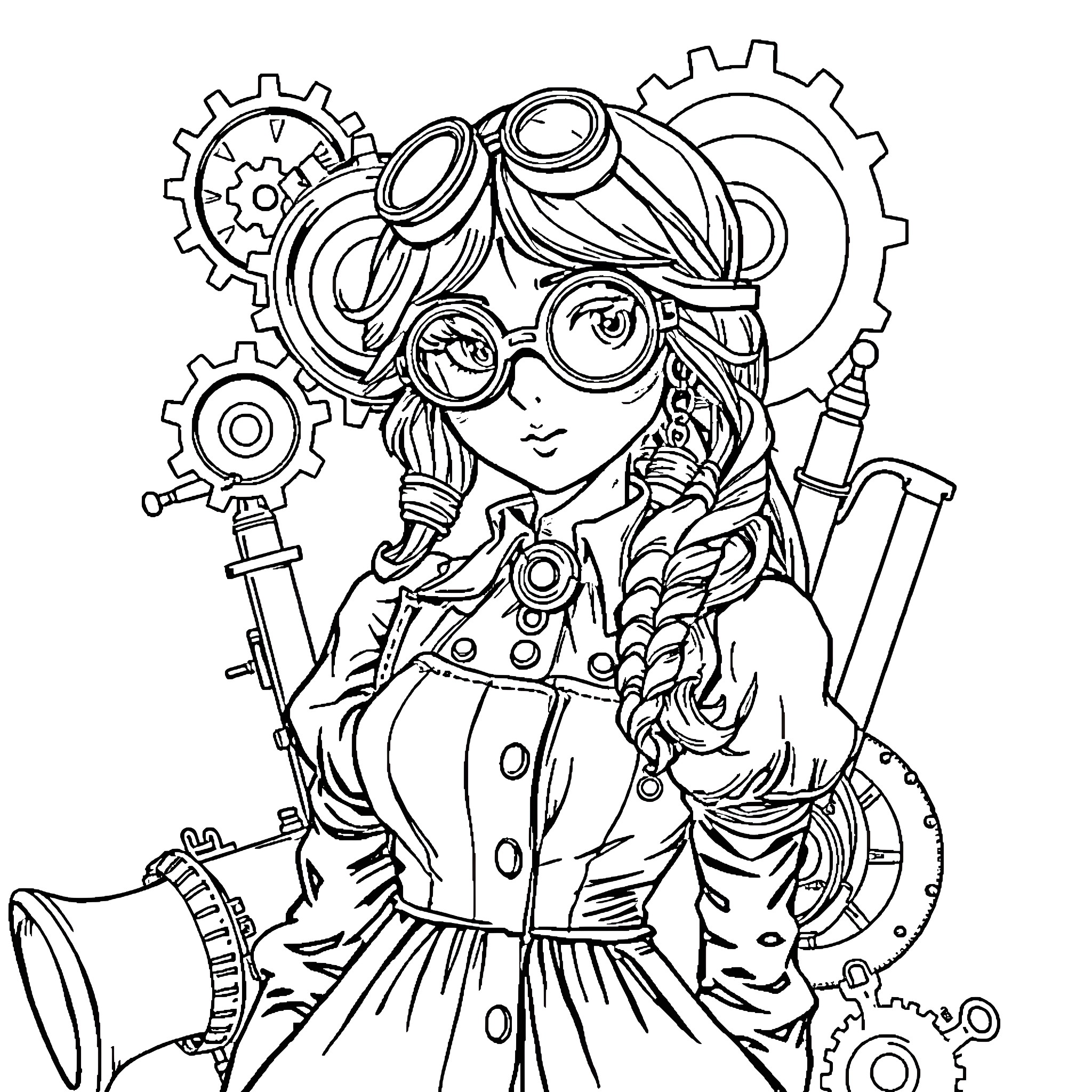 Steampunk Girl with Mechanical Accessories Coloring Page (free black-and-white line drawing printable PDF for all, from beginners to advanced learners, including children, teens, adults, and seniors)