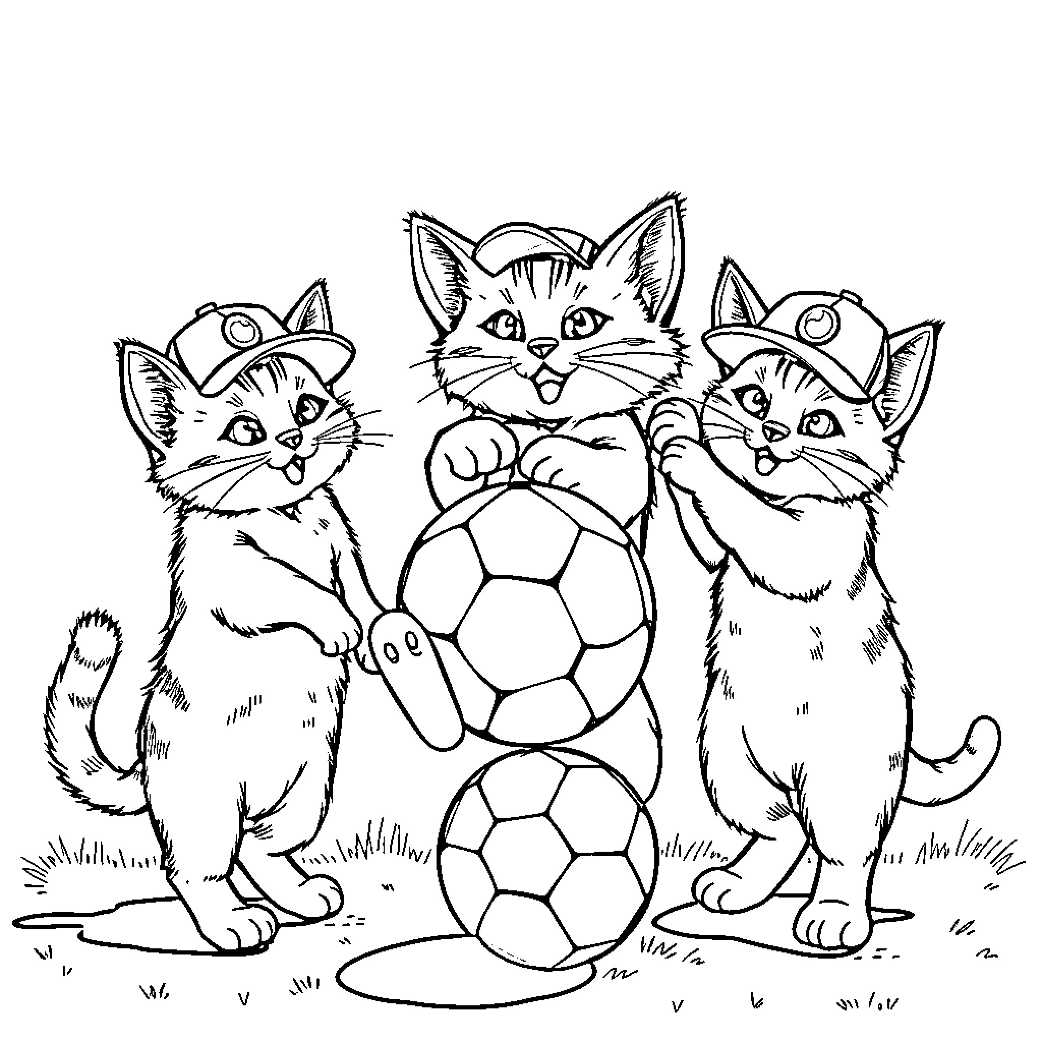 Cat Kittens Playing with Soccer Balls Coloring Page (free black-and-white line drawing printable PDF for all, from beginners to advanced learners, including children, teens, adults, and seniors)