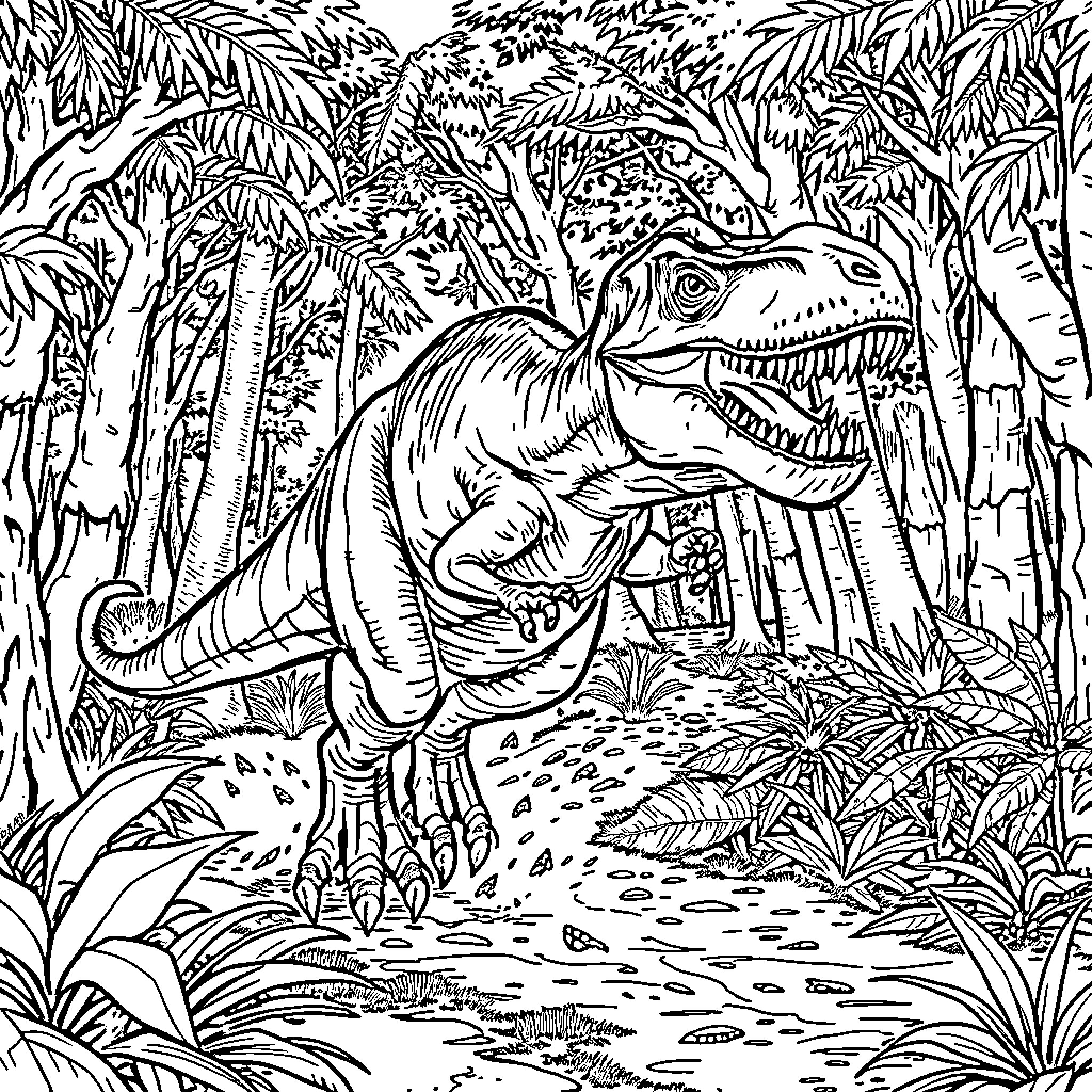 T-Rex stalking through the jungle landscape Coloring Page (free black-and-white line drawing printable PDF for all, from beginners to advanced learners, including children, teens, adults, and seniors)