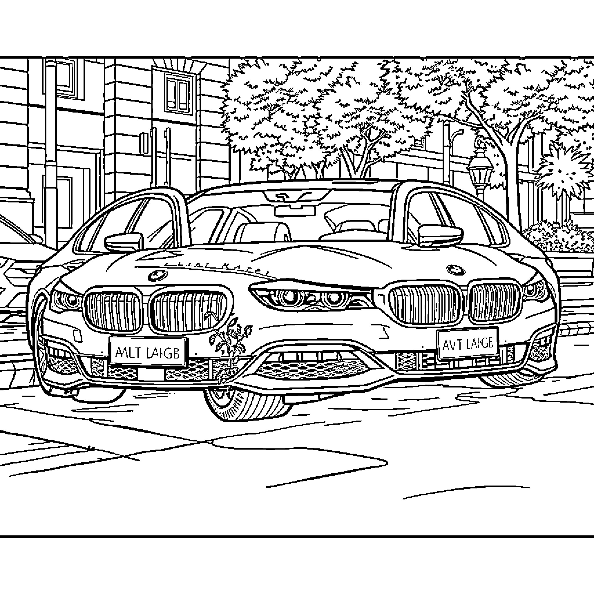 BMW cars in a city street scene Coloring Page (free black-and-white line drawing printable PDF for all, from beginners to advanced learners, including children, teens, adults, and seniors)
