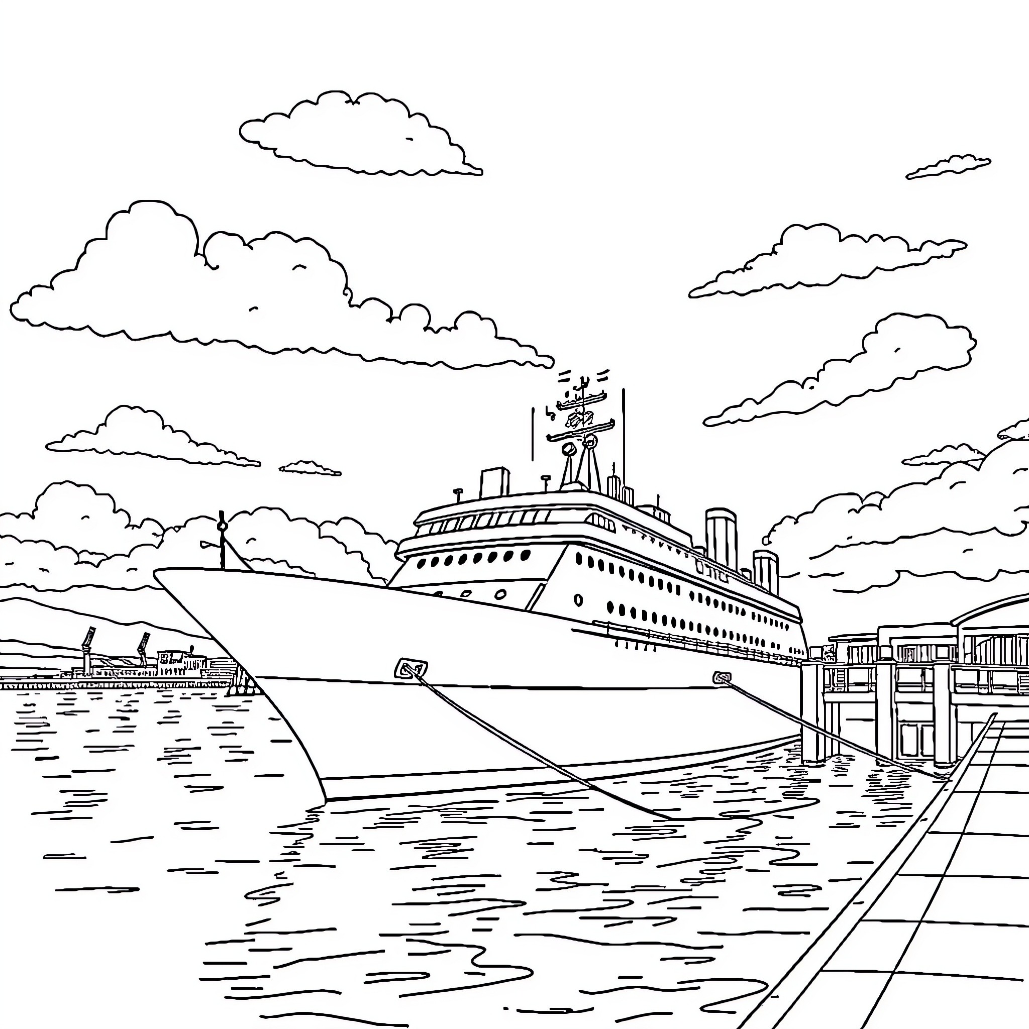 Paquebot sailing on the open sea Coloring Page (free black-and-white line drawing printable PDF for all, from beginners to advanced learners, including children, teens, adults, and seniors)