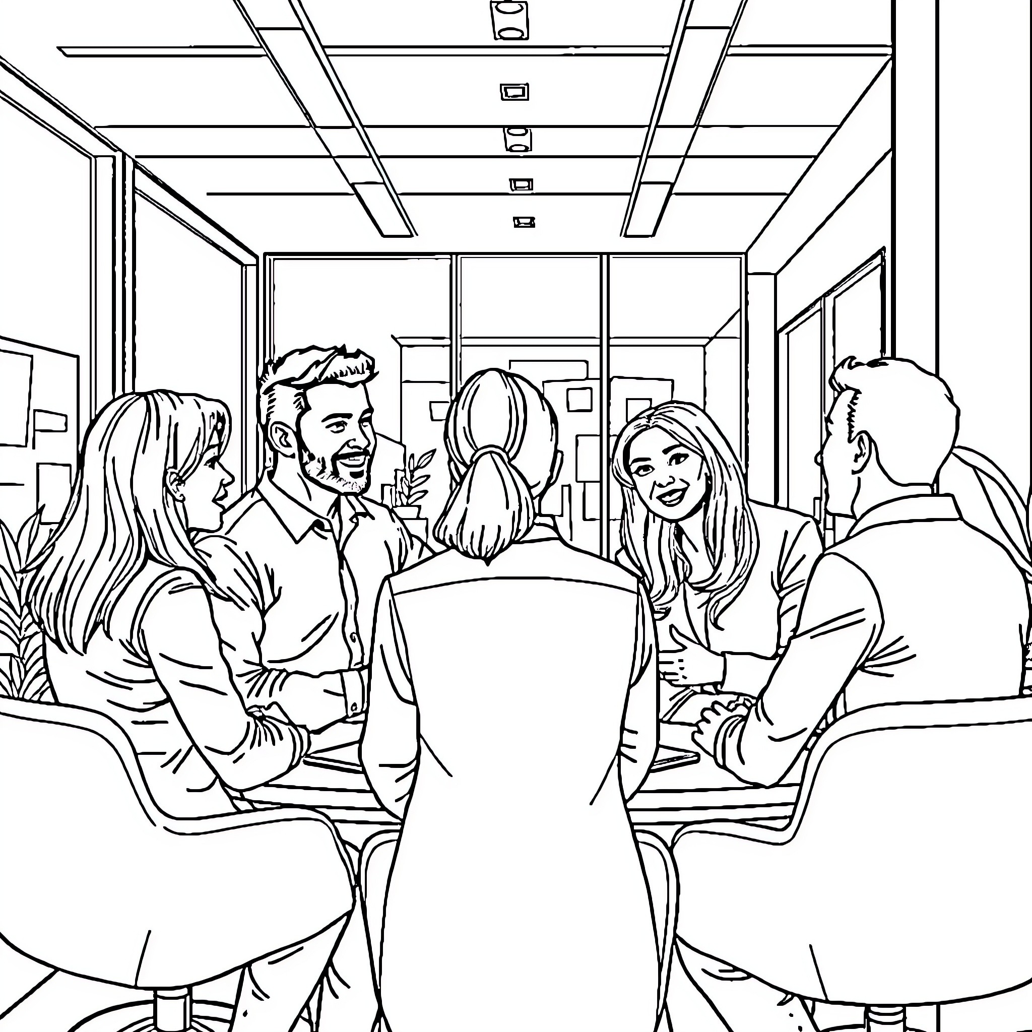 Referral Meeting with Business Professionals Coloring Page (free black-and-white line drawing printable PDF for all, from beginners to advanced learners, including children, teens, adults, and seniors)