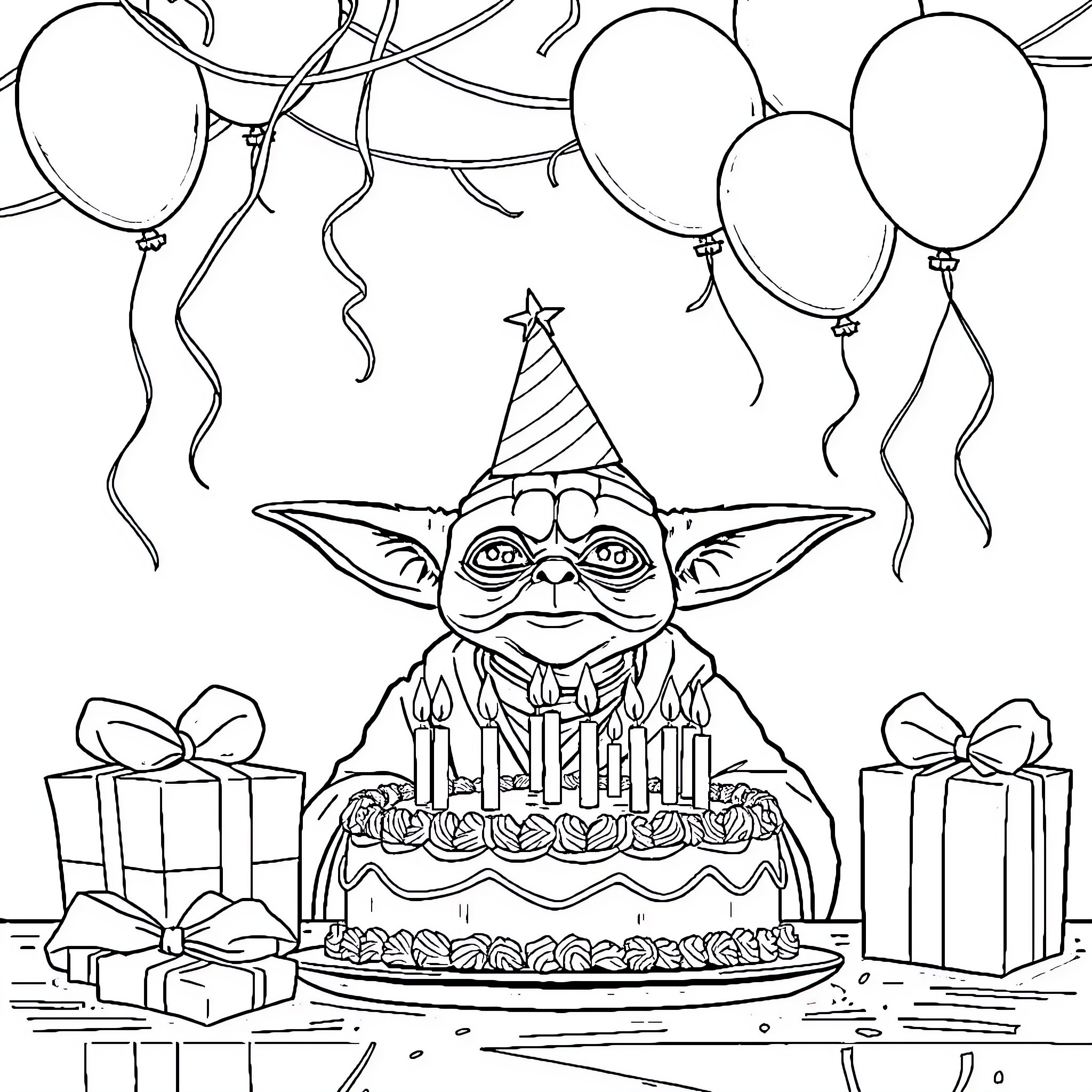 Yoda celebrating birthday with cake and balloons Coloring Page (free black-and-white line drawing printable PDF for all, from beginners to advanced learners, including children, teens, adults, and seniors)